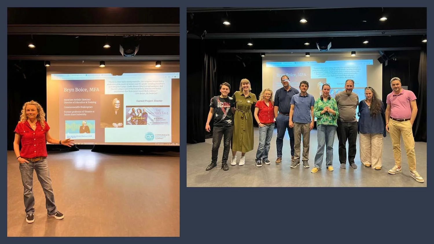 A presentation and group photo at an indoor event with a stage, projector screens, and people posing for a photo.