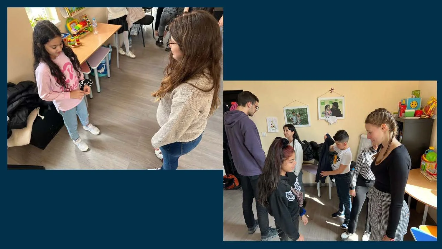 Children and adults in a classroom interacting, some standing in line or talking, with colorful educational toys and artwork on the walls.