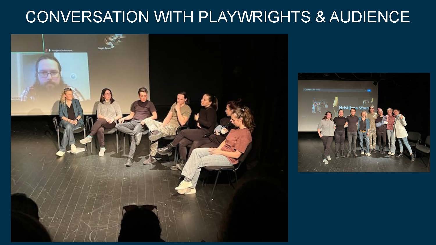 Group of people sitting on a stage during a conversation with playwrights and audience, with a screen showing a virtual speaker in the background.