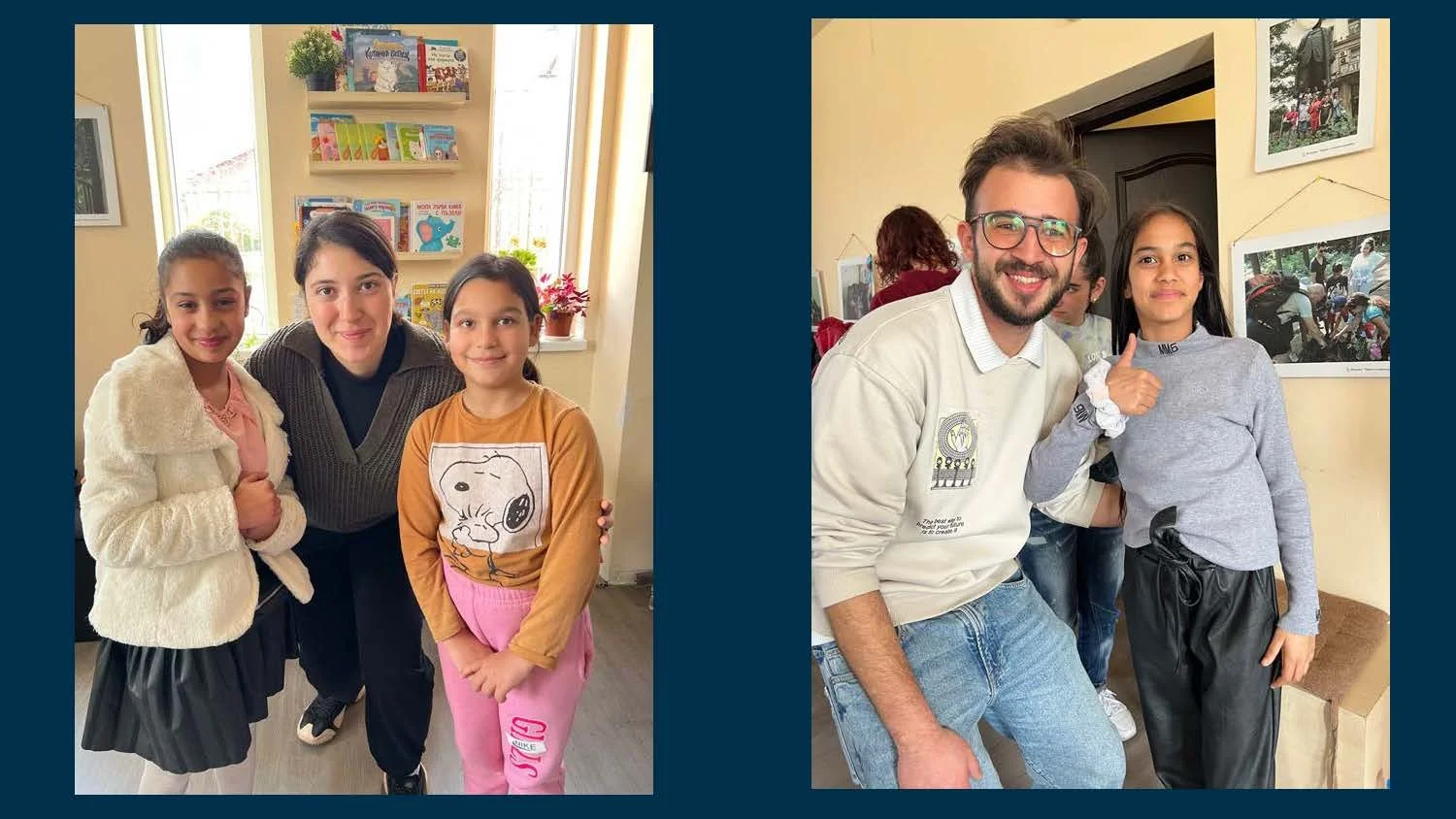 Photographs of groups of people, including children and adults, smiling indoors with bookshelves and framed photos in the background.