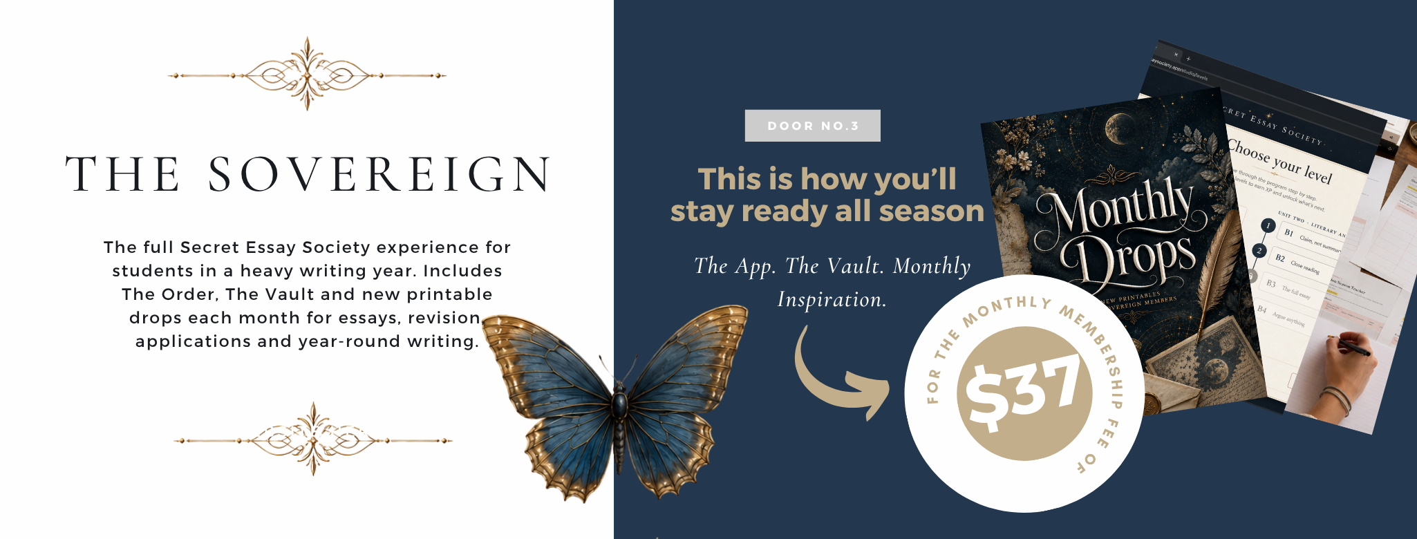 A promotional image for a Secret Essay Society membership, featuring a butterfly illustration, a blue background, and various pages of essay-related content, advertising a monthly drops newsletter and the membership fee of $37.