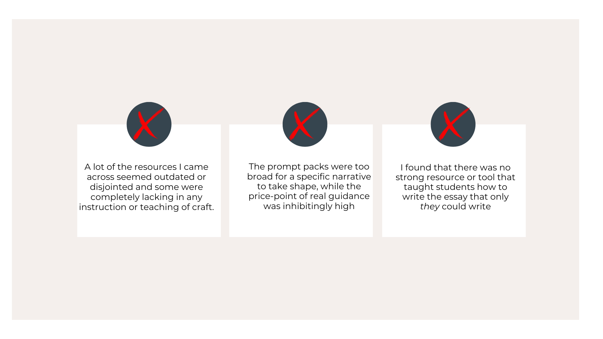 Image containing three statements each with a red 'X' mark at the top. The statements discuss outdated resources, broad prompt packs, and lack of guidance for students.