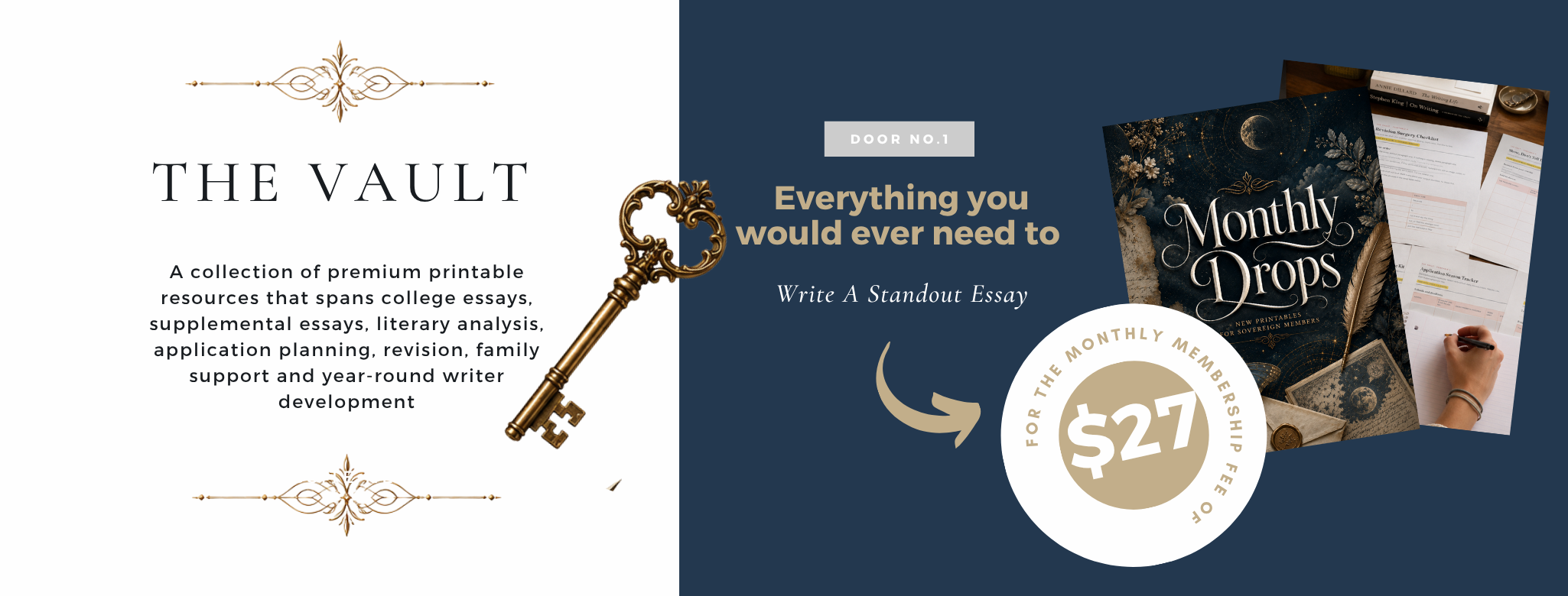 A promotional graphic for The Vault, a collection of printable college essay resources, with a gold key image and a flyer offering a monthly membership for $27, including bibliographic materials and writing tools.