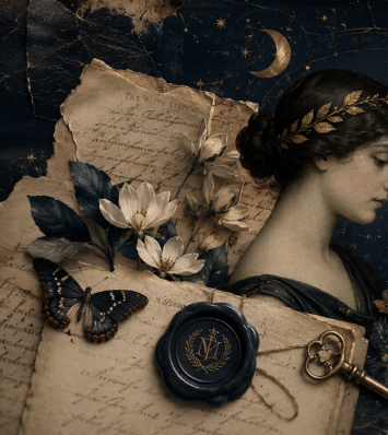 A vintage-style collage featuring a woman with a braided leaf headband, old handwritten letters, white magnolia flowers, a butterfly, a wax seal with a crest, a brass key, and a dark blue starry background with a crescent moon.