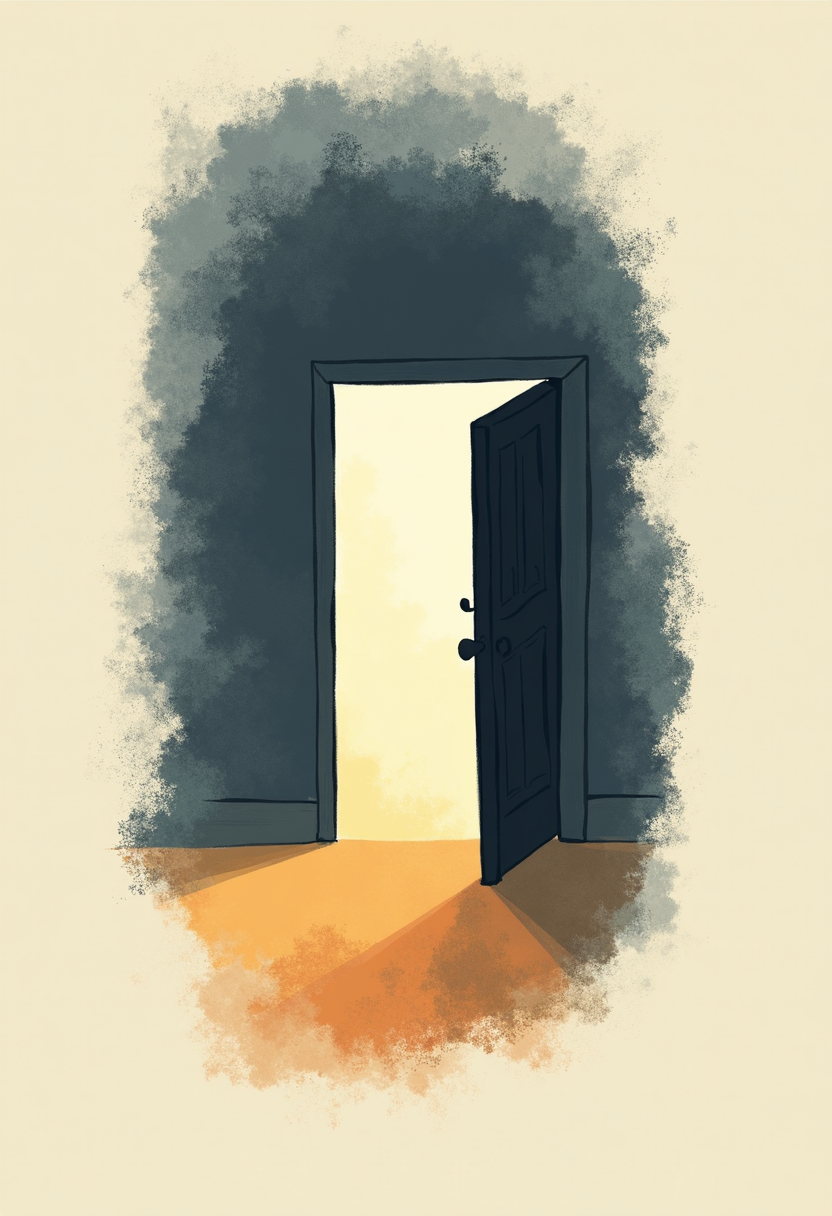 An open door leading to a brightly lit room, with light casting shadows on the floor.