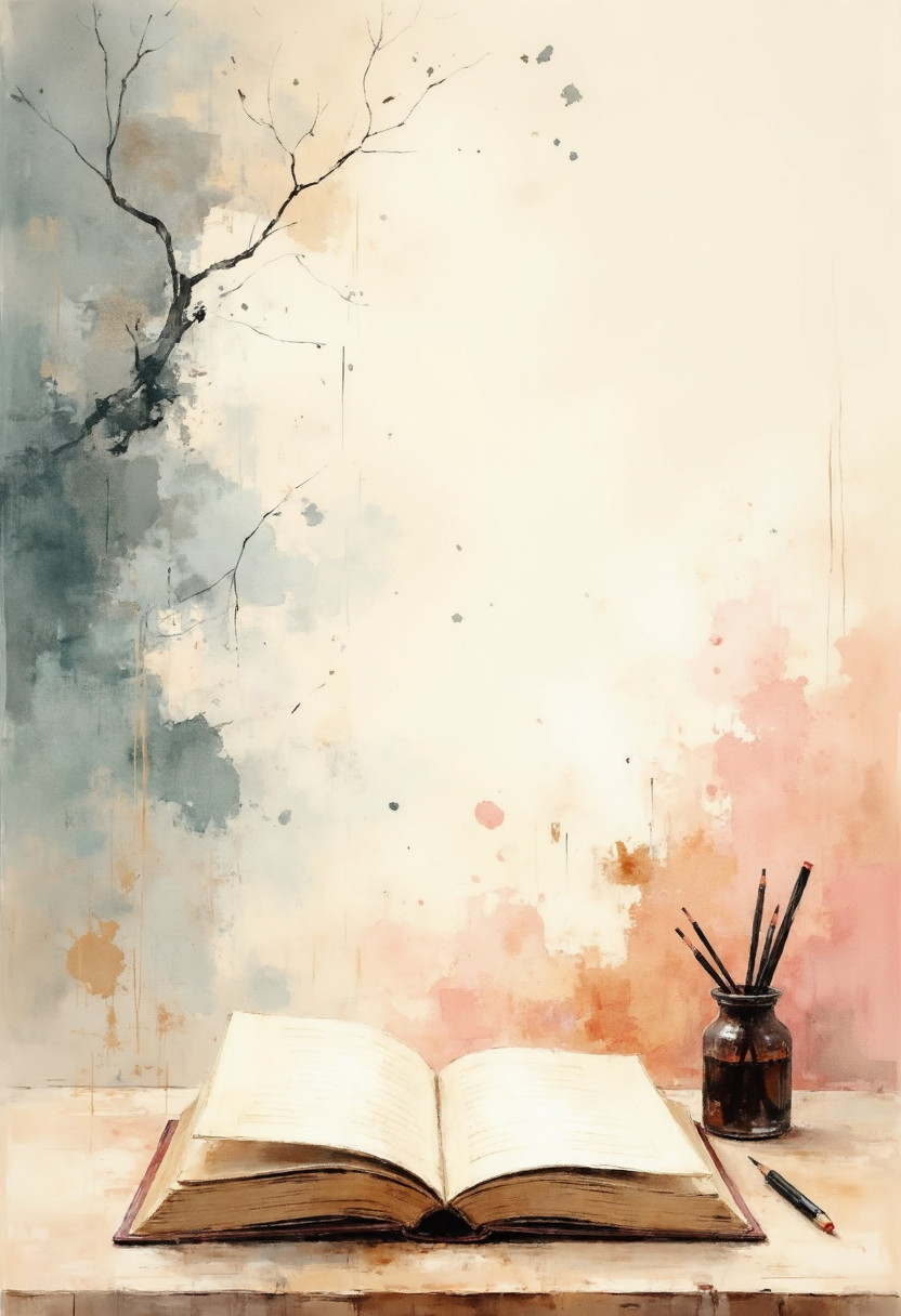 Open book on a wooden surface, with a jar holding several paintbrushes and a pen nearby, against a textured, painted wall with a faint tree branch design.