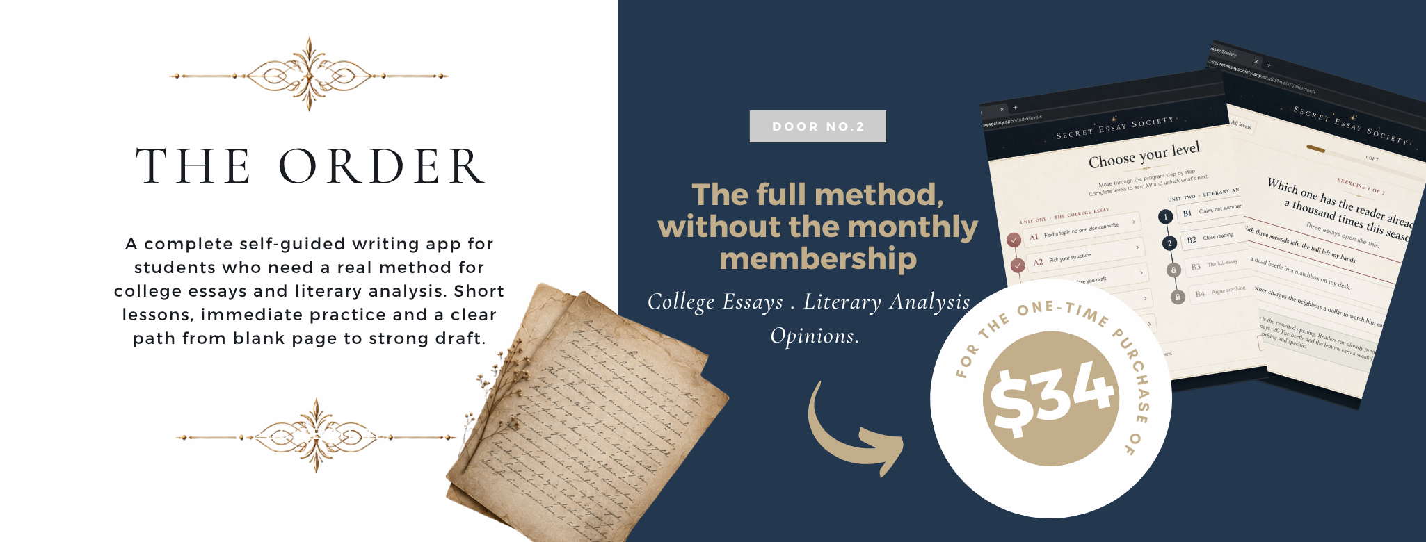 Advertisement for a self-guided college essay and literary analysis writing app called 'The Order,' offering a full method without a monthly membership for a one-time price of $34. The ad features ornate decorative elements, an aged handwritten letter, and sample pages of the app interface.