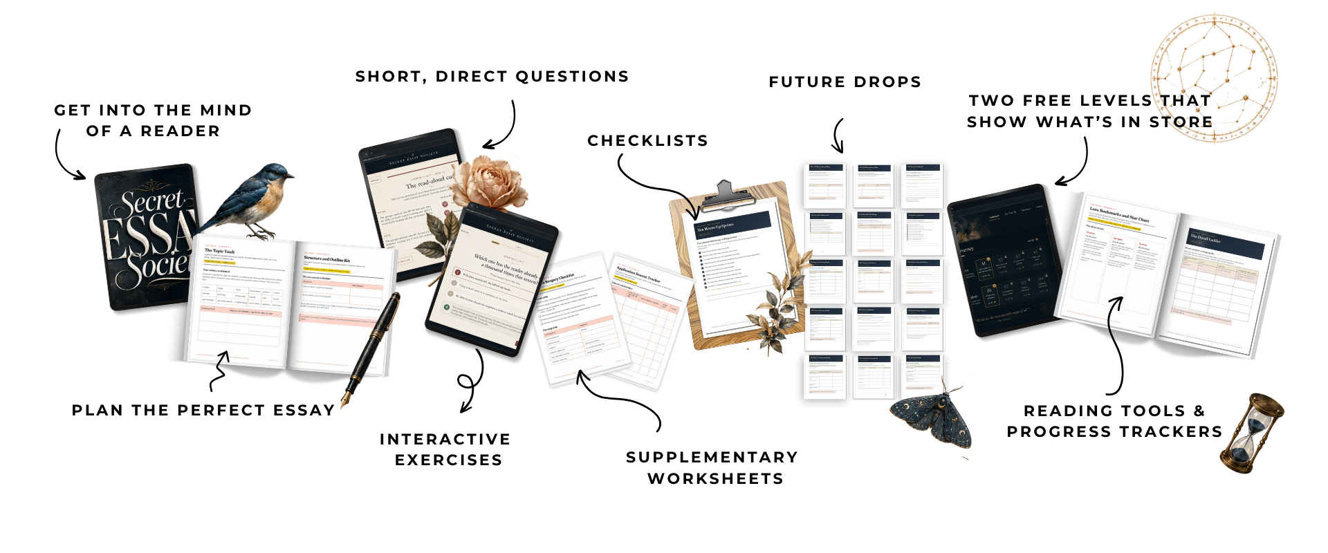 Collection of digital and printed study materials, including books, tablets, worksheets, and decorative elements like flowers, a bird, a butterfly, and an hourglass, arranged for studying or planning.
