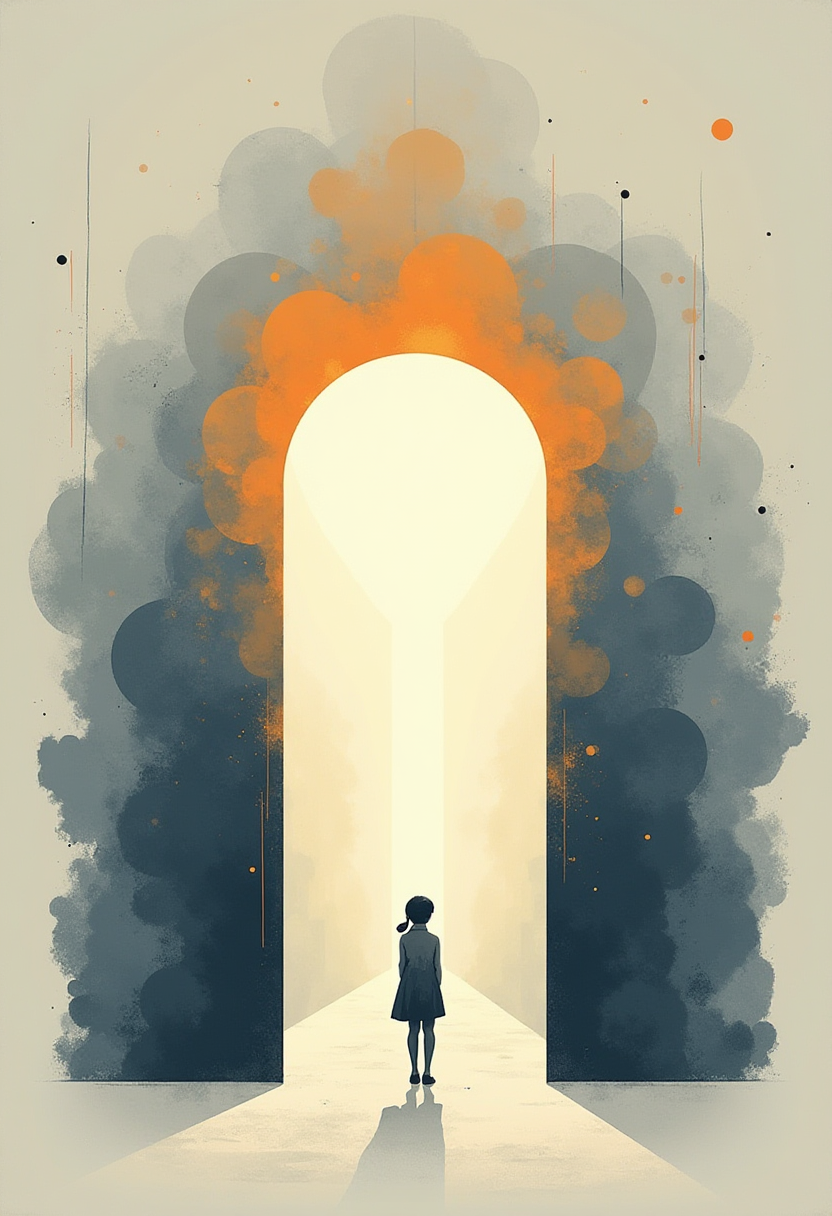 A girl standing in front of an open door with bright light and orange and gray smoke or clouds swirling around it.