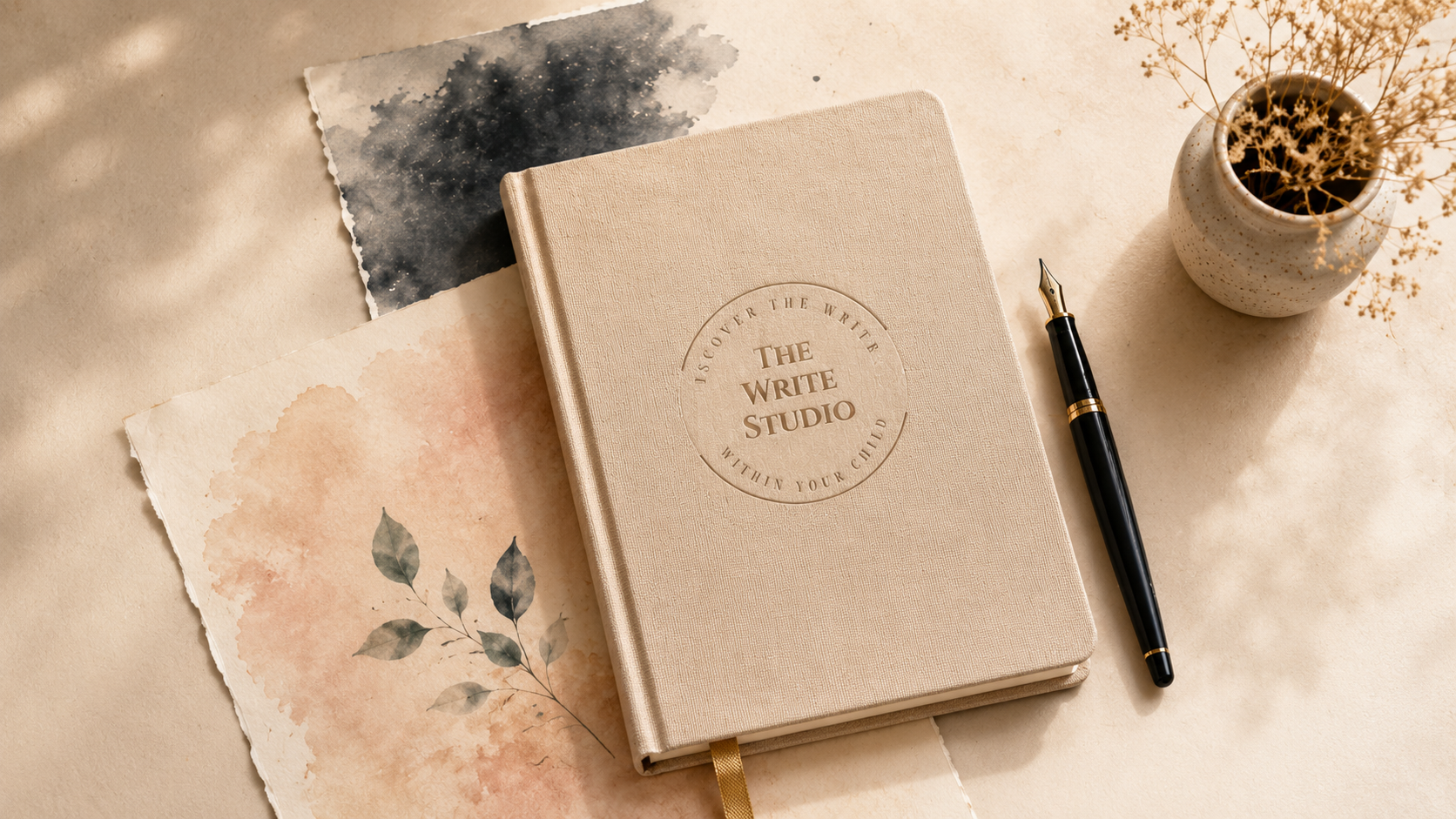 A beige notebook with 'The Write Studio' embossed on the cover, a black fountain pen with gold accents, a small vase with dried flowers, and watercolor artwork with leaves and abstract patterns on a beige surface.