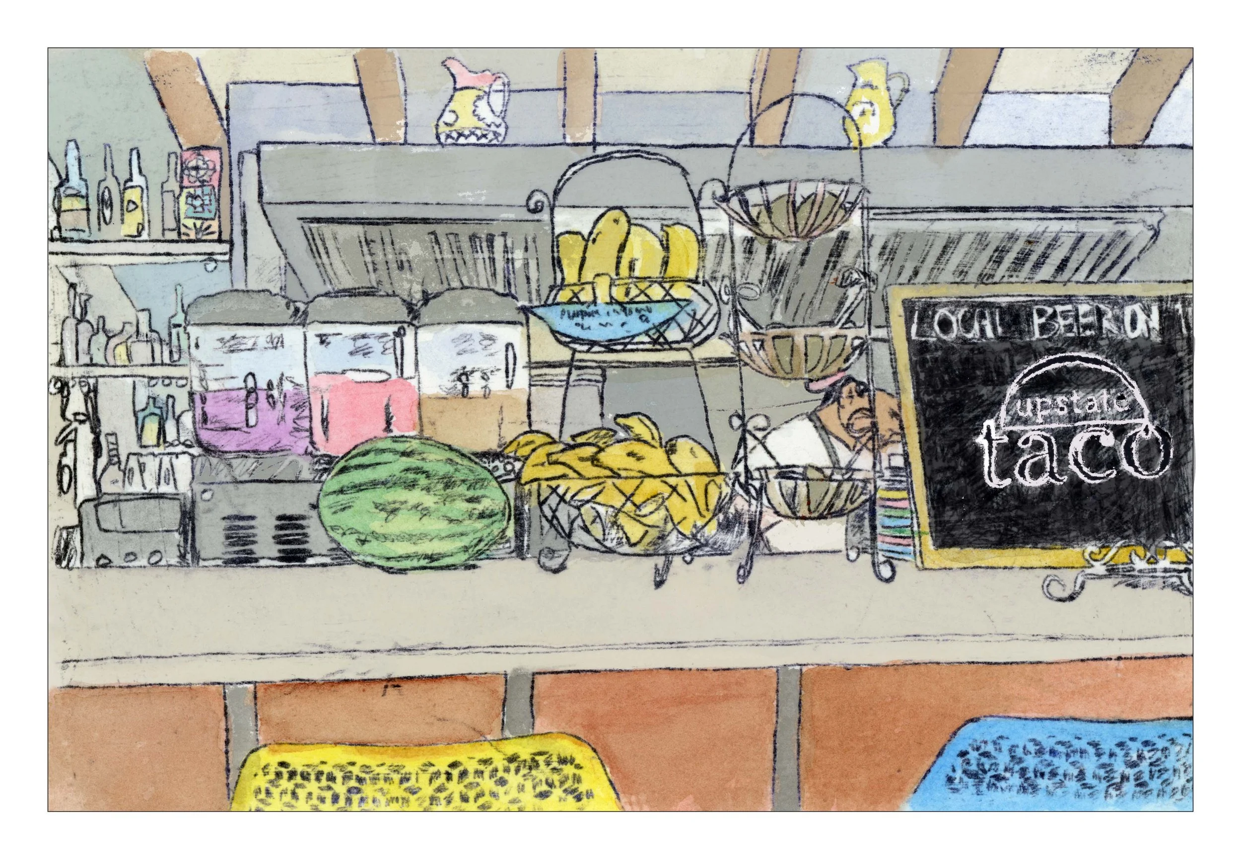 Sketch of a grocery store shelf display featuring bottles, jars, baskets of bananas and other produce, a chalkboard sign that reads 'LOCAL BEER ON tap', and various other items.