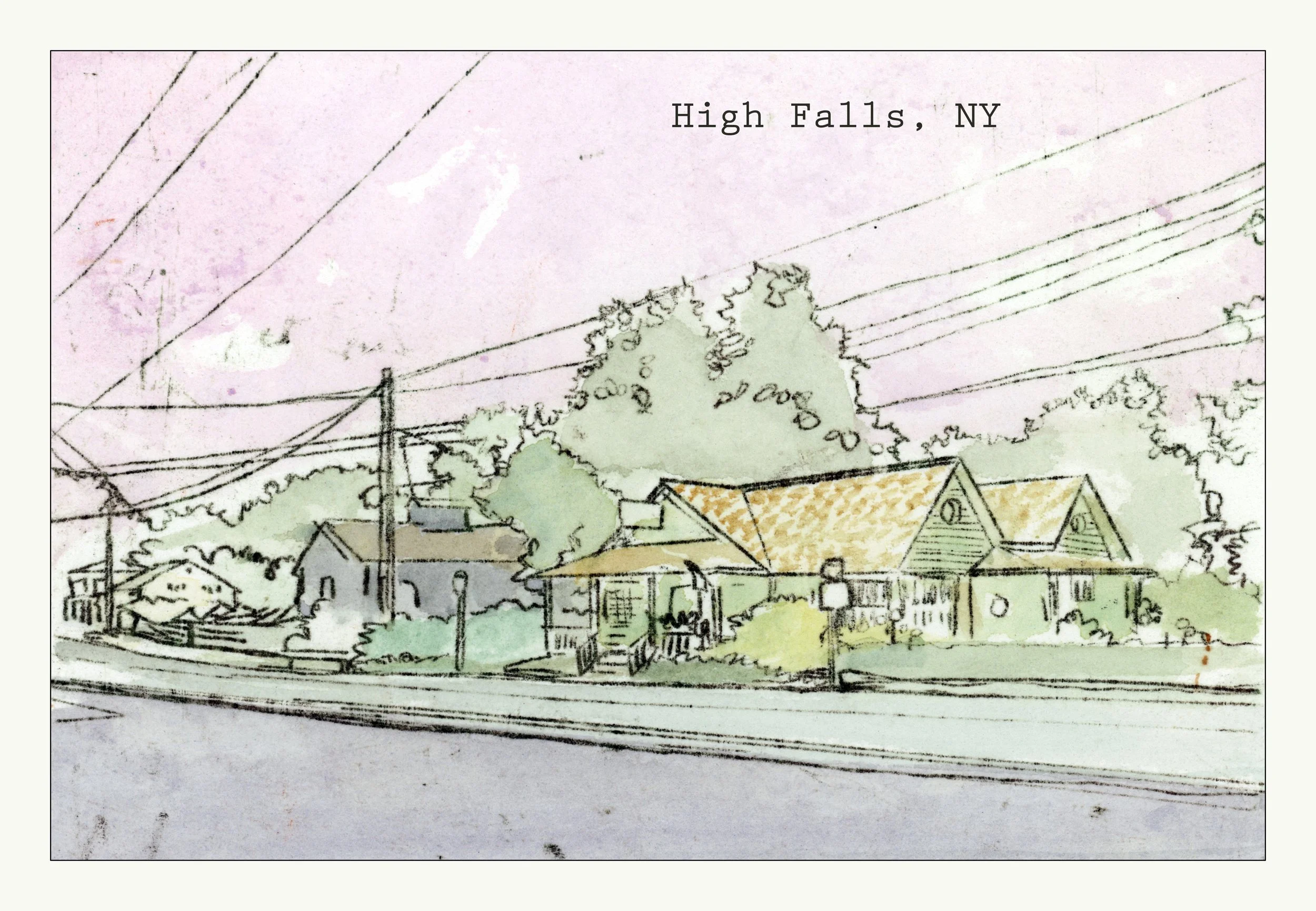 A watercolor sketch of houses, trees, and power lines in High Falls, NY.