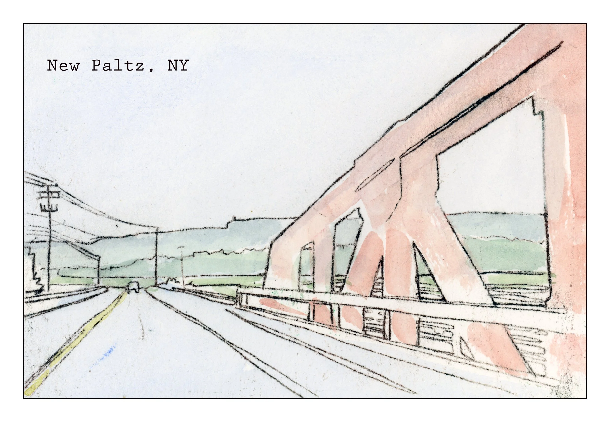 A watercolor illustration of a bridge with a hand reaching out over a road, located in New Paltz, NY.