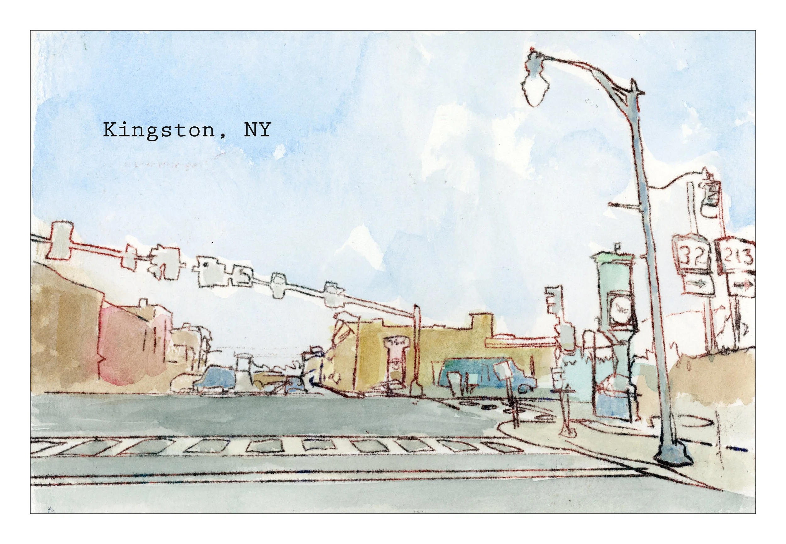 A watercolor sketch of a city street in Kingston, NY, showing buildings, cars, and a lamppost against a blue sky.