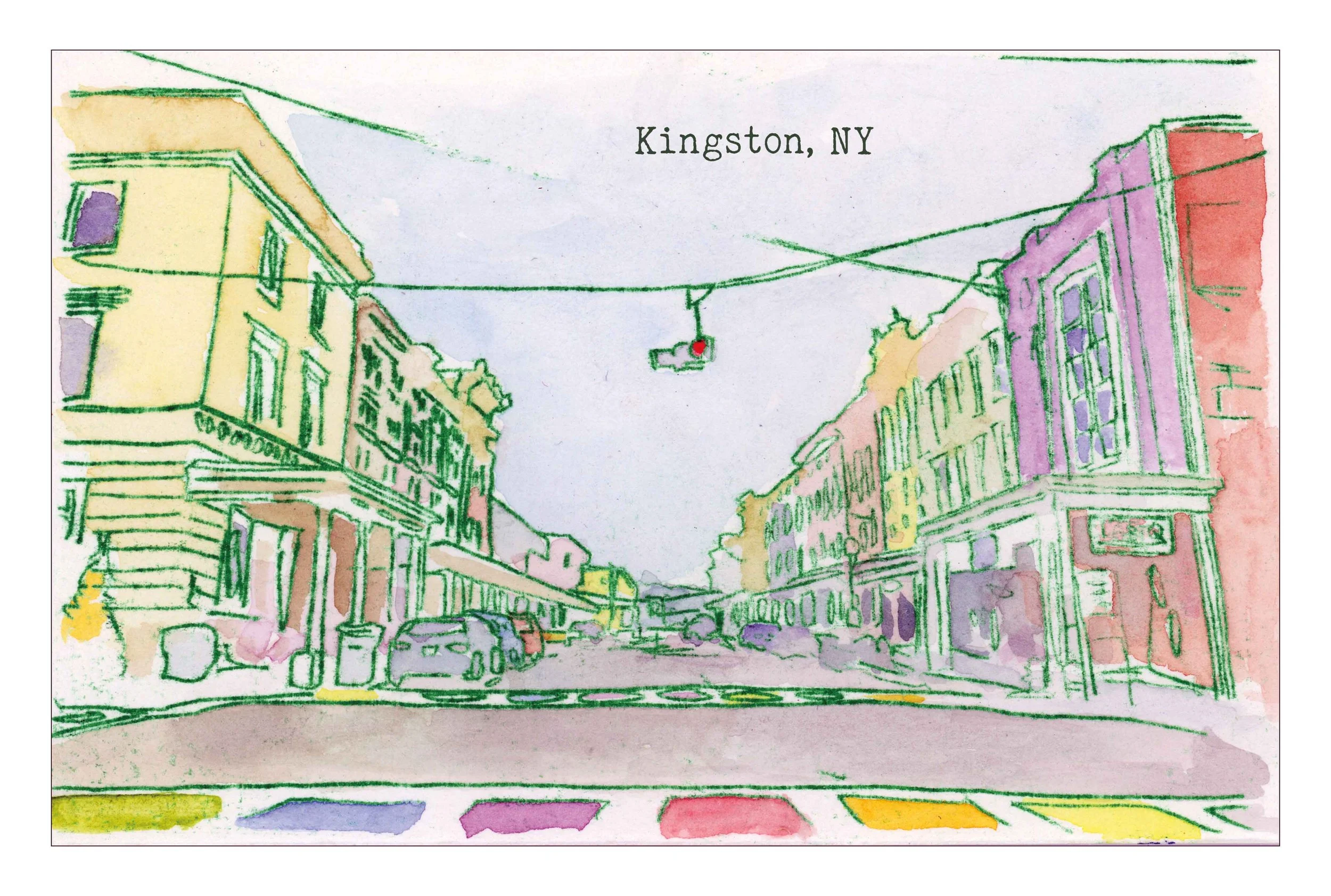 Watercolor sketch of a city street scene in Kingston, NY, with colorful buildings, parked cars, and a traffic light hanging above.