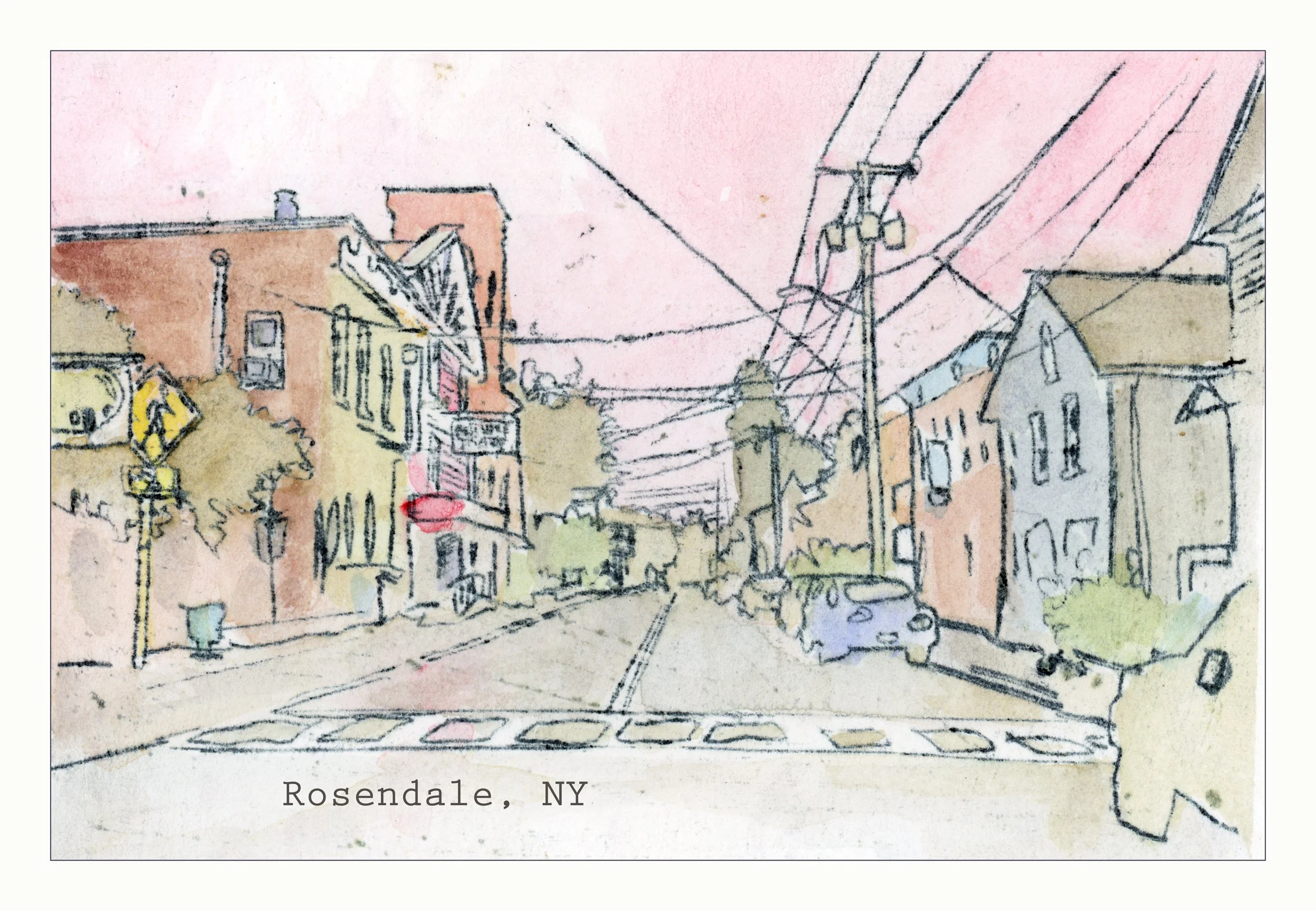 A watercolor sketch of buildings, trees, and power lines in Rosendale, NY, with a pink sky in the background.