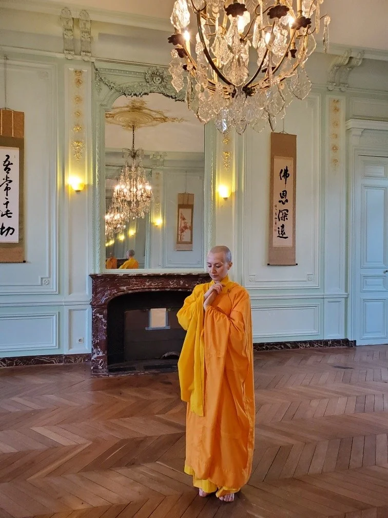 A young Buddhist monk with a shaved head standing in an ornate room with elegant white moldings, a large chandelier, and traditional Asian artwork on the walls. The monk is wearing orange robes and is in a contemplative pose.