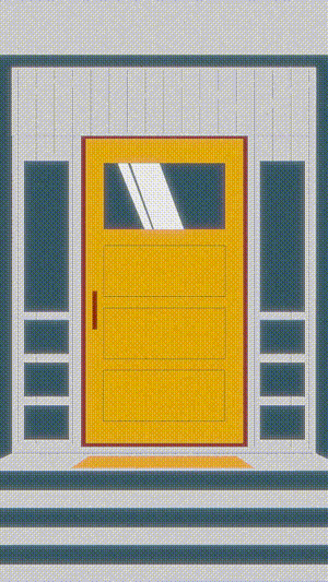 Illustration of a yellow front door with a small window, surrounded by a blue and white frame, and featuring steps leading up to the entrance.
