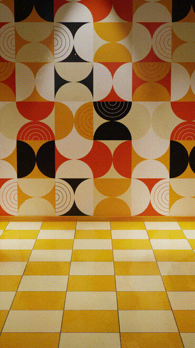 A room with a geometric patterned wall and checkered floor, featuring circular and half-circle shapes in red, yellow, black, and white colors, paired with yellow and white checkered floor tiles.