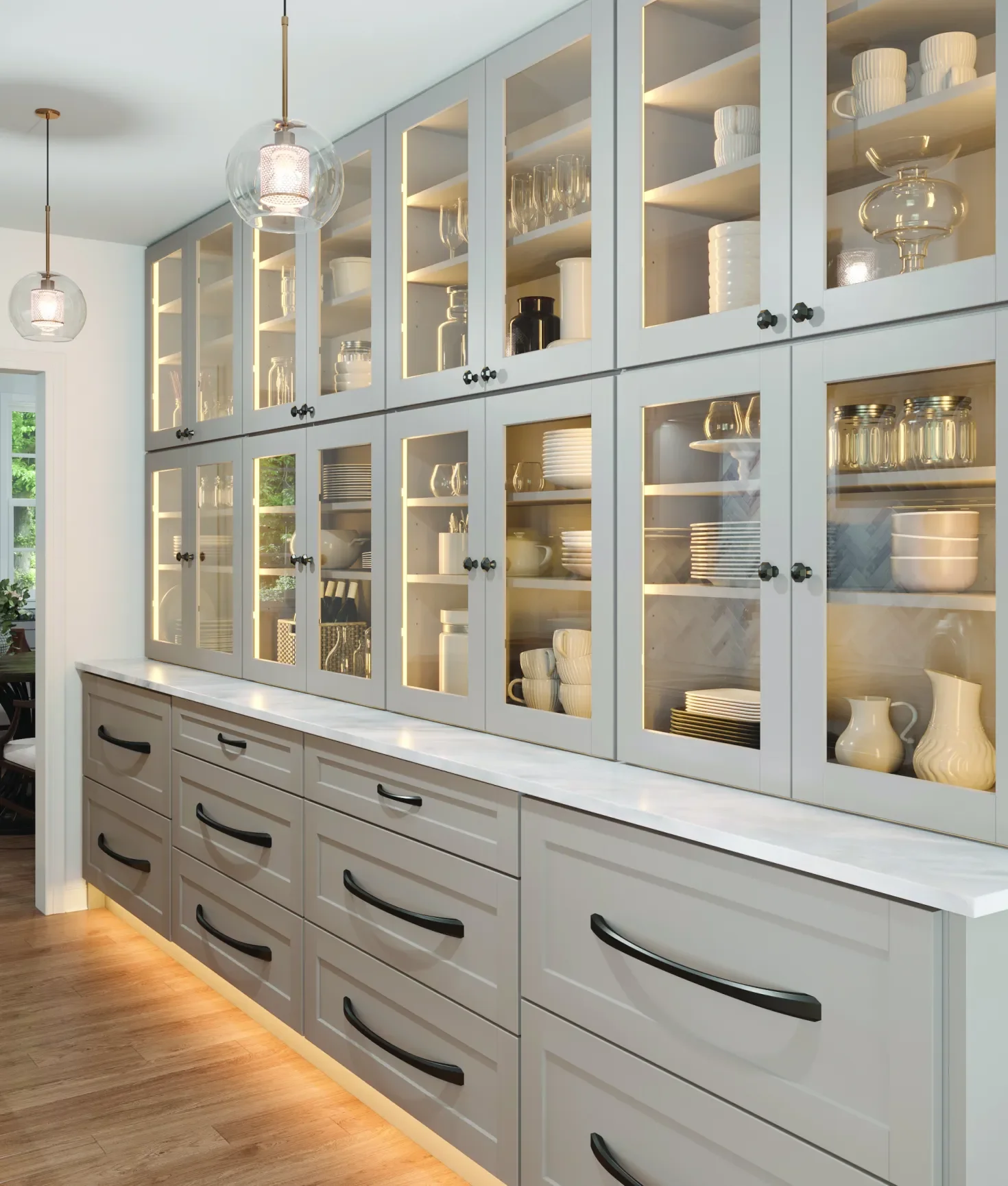 Soft neutral cabinet colors in a butler pantry by Hester Family Millwork