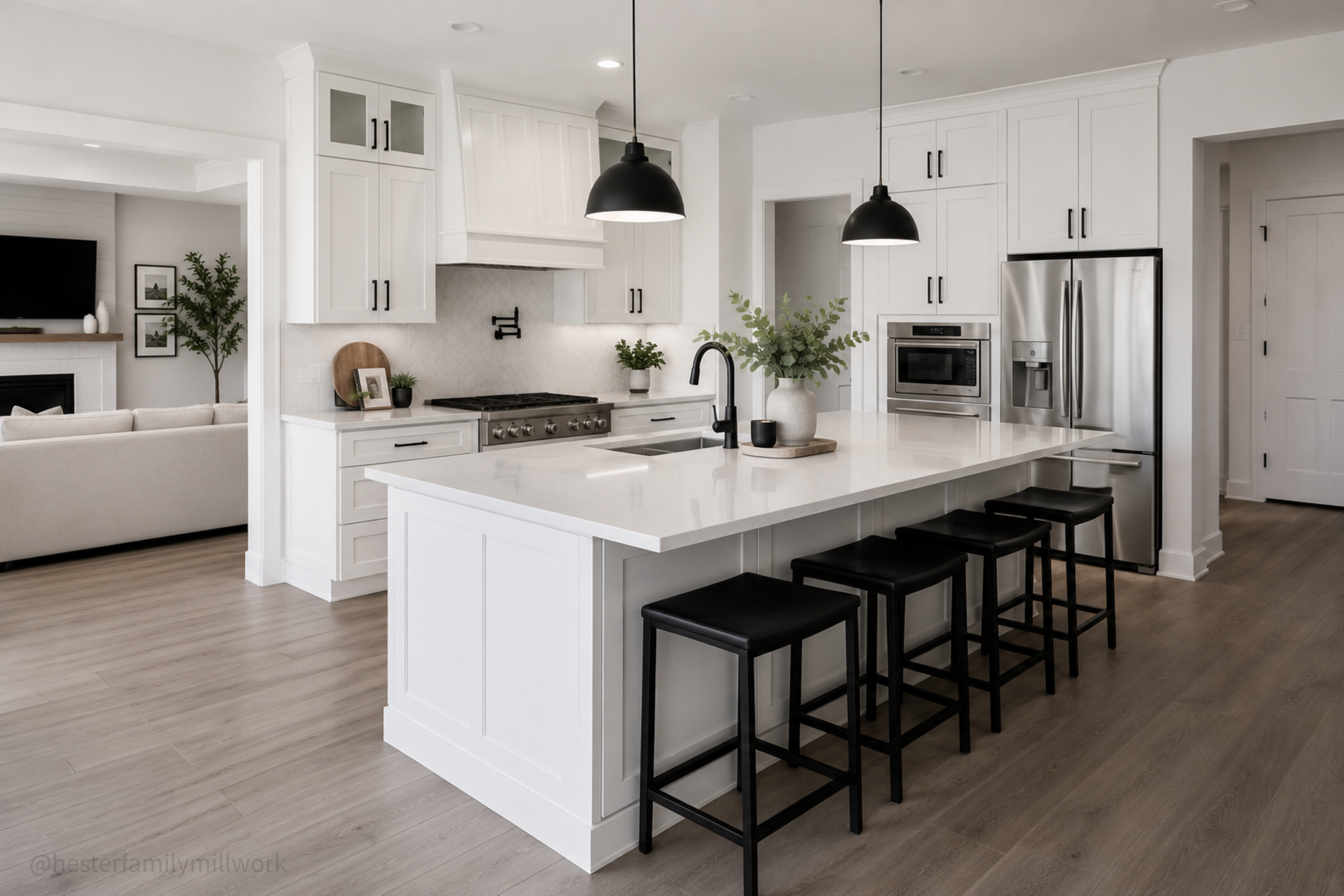 White oak kitchen cabinetry with concealed appliance storage, integrated pantry design, and warm natural wood tones creating a timeless and functional kitchen.