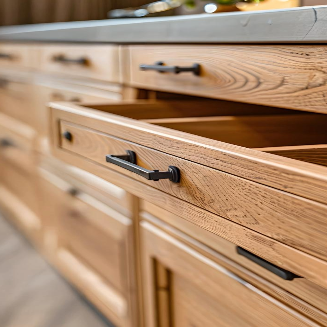 Close-up of natural wood kitchen drawers with visible grain texture and matte black hardware, highlighting craftsmanship and tactile cabinet design.