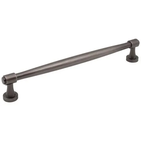 Jules cabinet pull in brushed gunmetal finish by Hardware Resources. Features a sleek tapered center design with round pedestal mounts — ideal for modern kitchens seeking understated elegance and durable hardware.