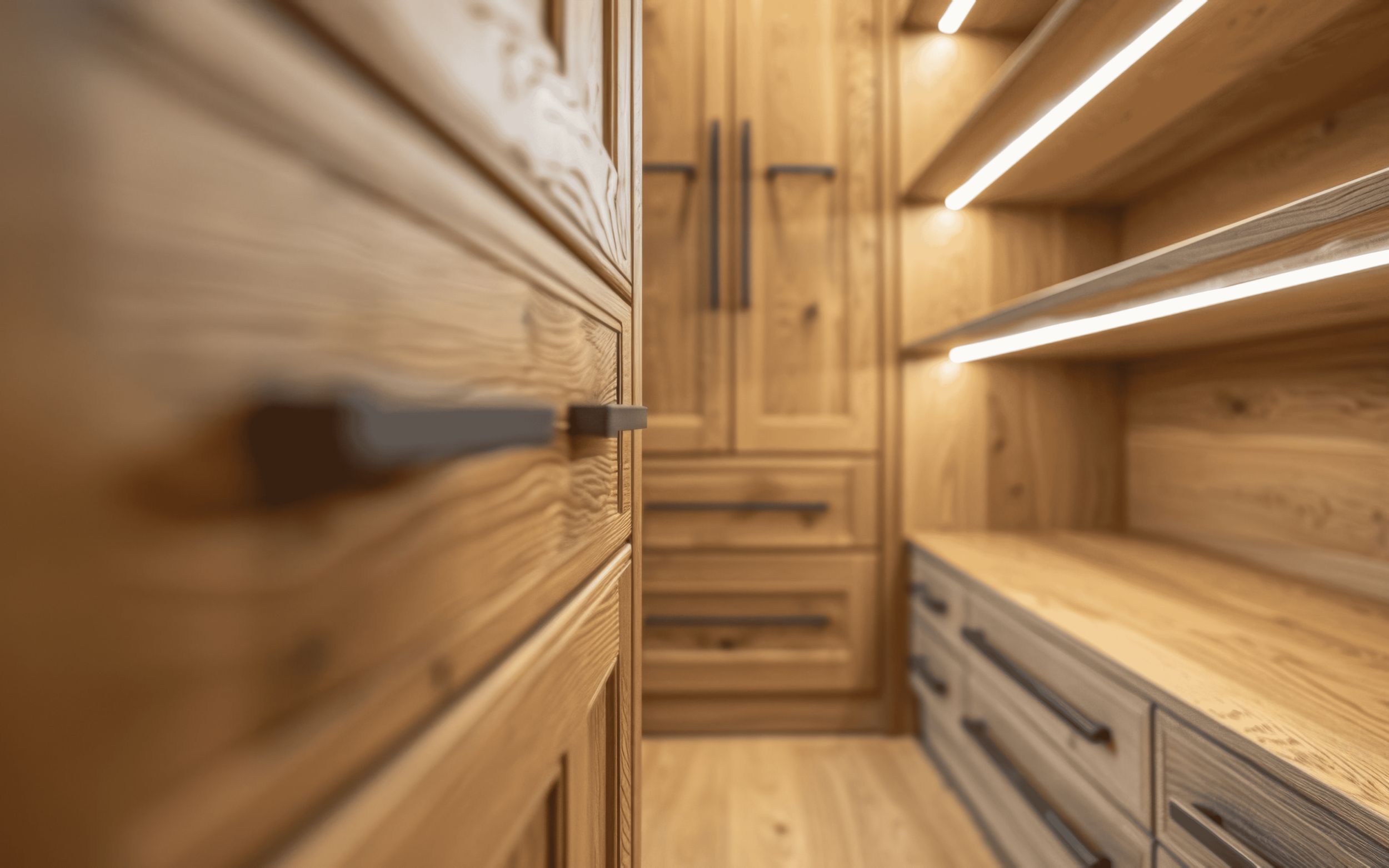 Close up of natural wood cabinetry with matte black cabinet pulls in a modern pantry space.