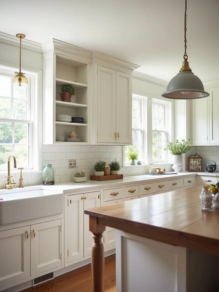 White painted shaker kitchen cabinets paired with a warm wood island, featuring open shelving, brass hardware, and soft natural light in a timeless mixed finish kitchen design.