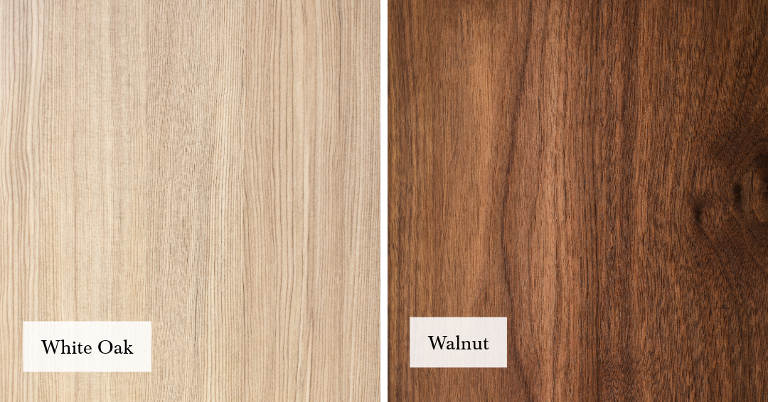 Side by side comparison of white oak and walnut wood cabinetry finishes, highlighting differences in tone, grain pattern, and warmth for kitchen design.