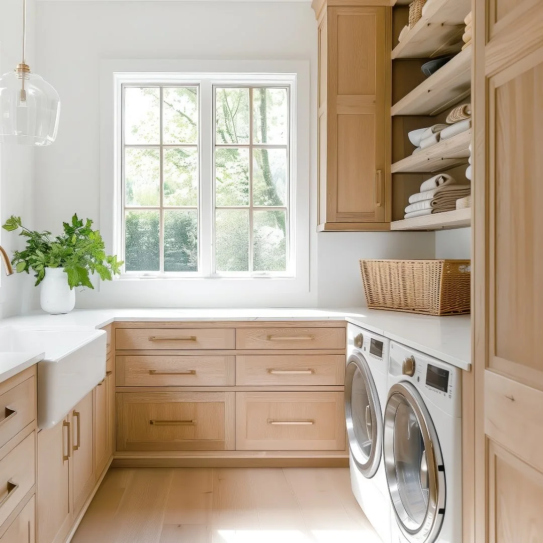 Looking to give your laundry room a functional yet stylish upgrade? Our natural wood shaker cabinets are the perfect solution! 

With their clean, modern lines and warm, earthy tones, they bring a fresh, inviting vibe to any space. 

Add a few open s
