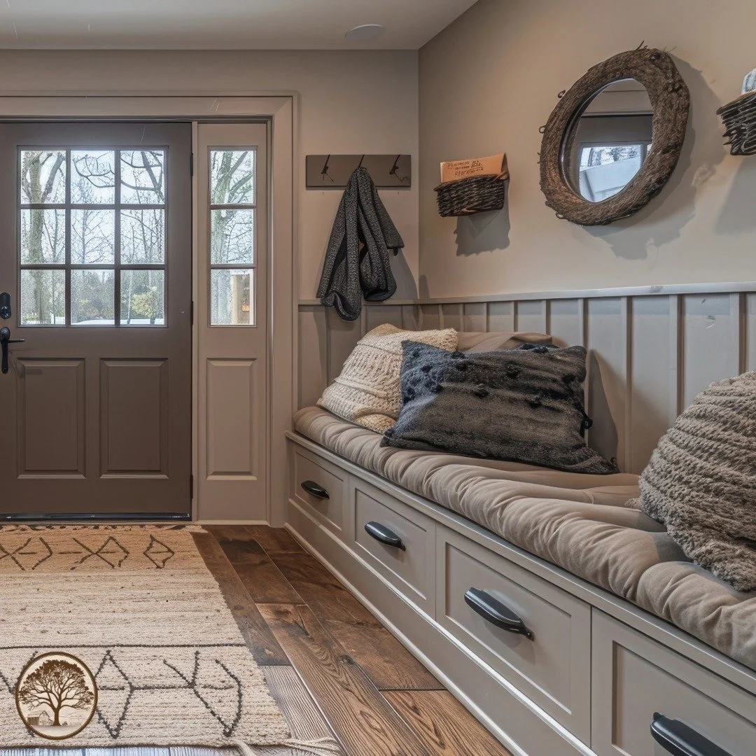 ✨ Welcome Home! ✨ Check out this dreamy entryway.  With warm, cozy cabinets, a stylish sitting bench, and elegant wainscoting, this space is giving us all the fresh, modern vibes while keeping things oh-so-inviting. The perfect mix of style and comfo