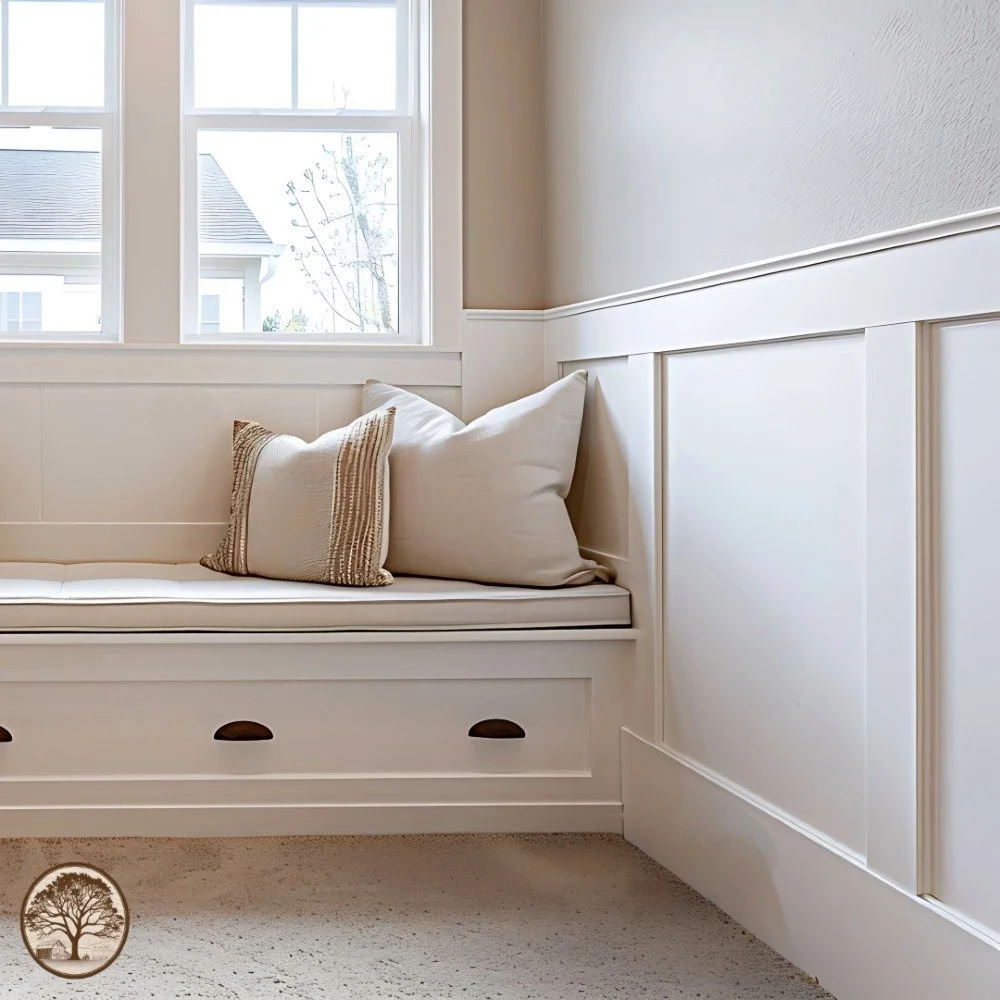 ✨ Built-in Beauty: Check out this custom bench with storage we designed for our client's staircase! It's the perfect blend of functionality and style. Whether it's a cozy reading nook or extra storage for your home, this piece adds a touch of eleganc