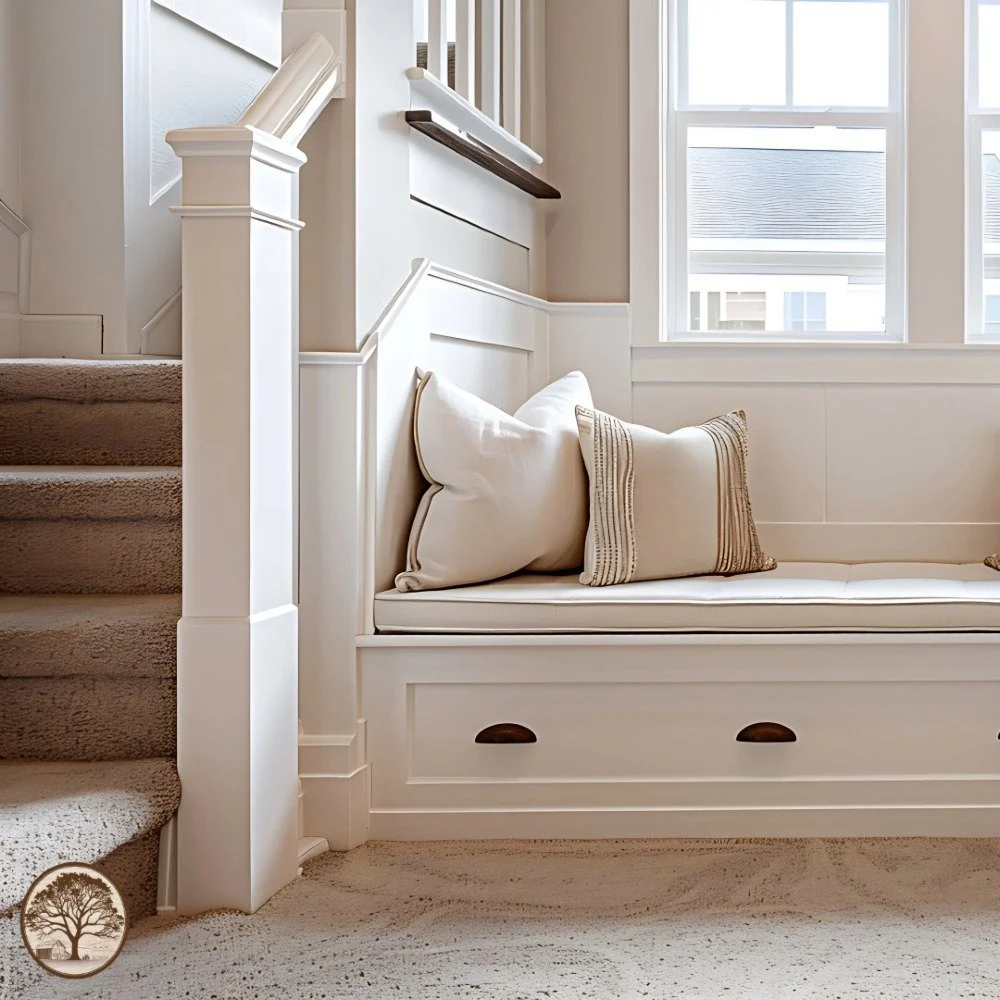 👀 Here&rsquo;s the other side! This built-in bench doesn&rsquo;t just look good&mdash;it&rsquo;s also a clever storage solution for our client&rsquo;s home. With clean lines and custom craftsmanship, it&rsquo;s a standout feature next to their stair