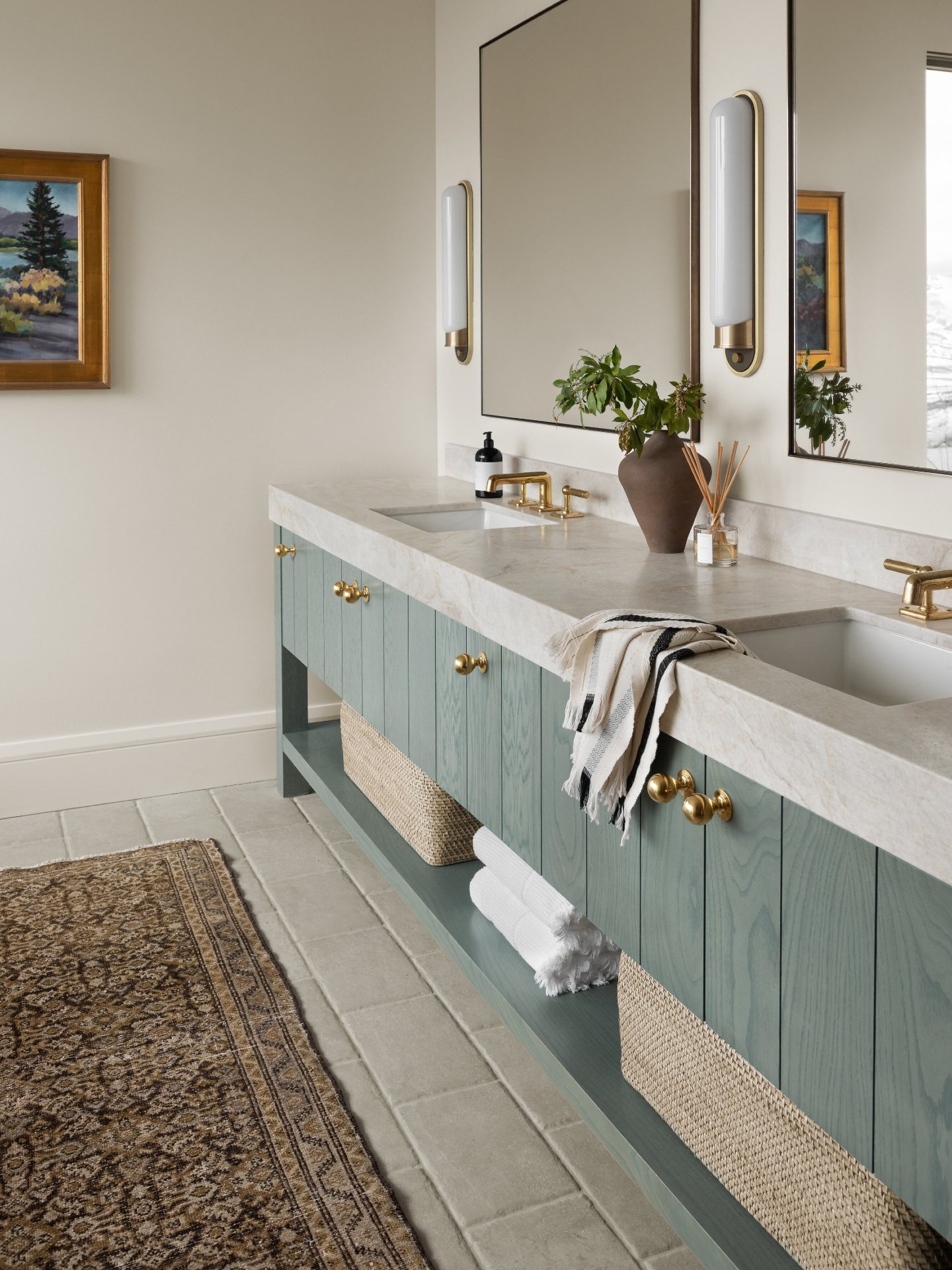 This is what I mean when I say cabinetry should carry the space.
The vanity isn&rsquo;t just pretty. It&rsquo;s doing the work.
Clean layout, real storage underneath, and a finish that brings just enough color without taking over the room.

Same with