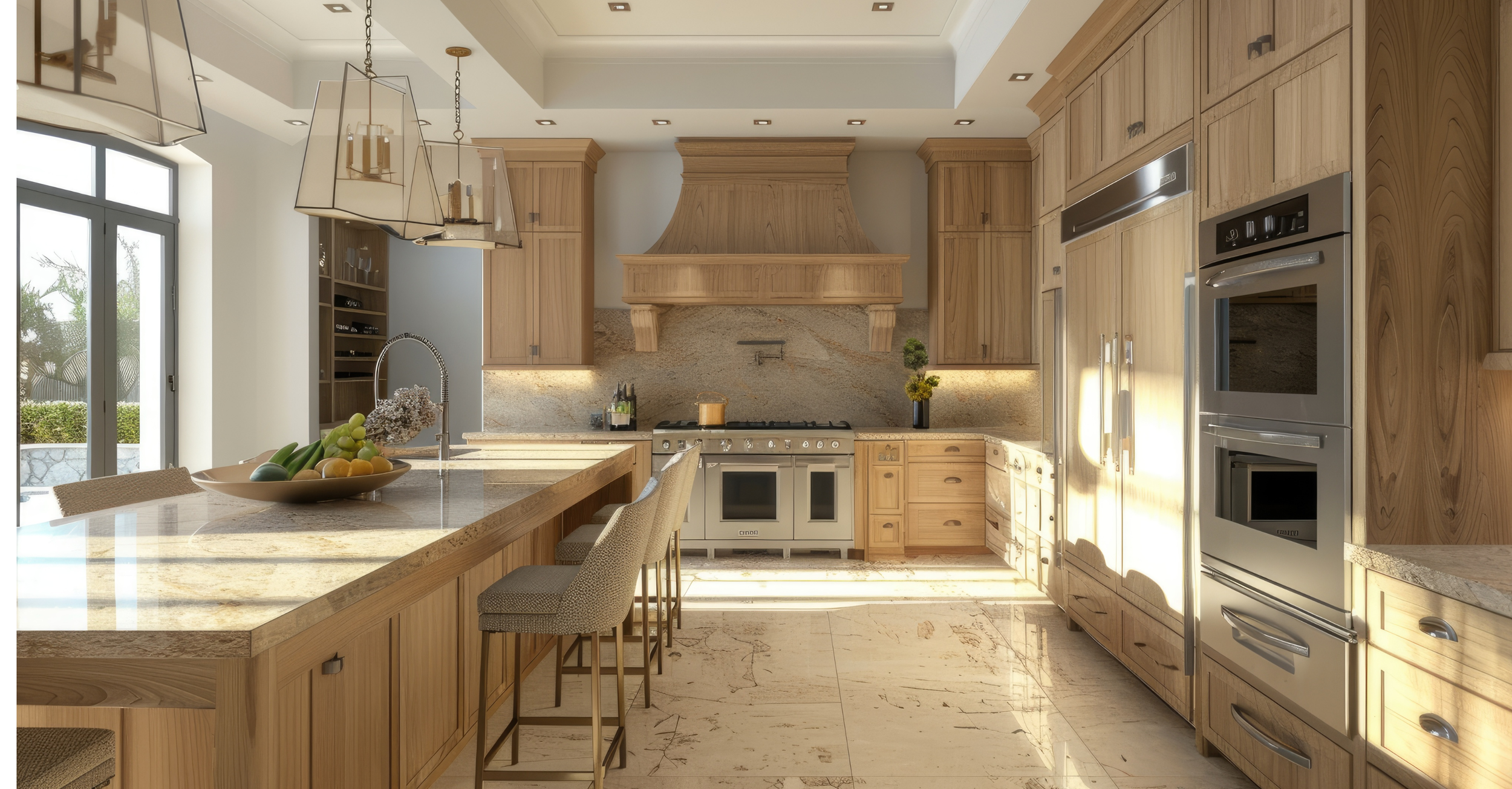 Warm walnut kitchen cabinets with custom wood range hood and layered natural finishes in a 2026 kitchen design