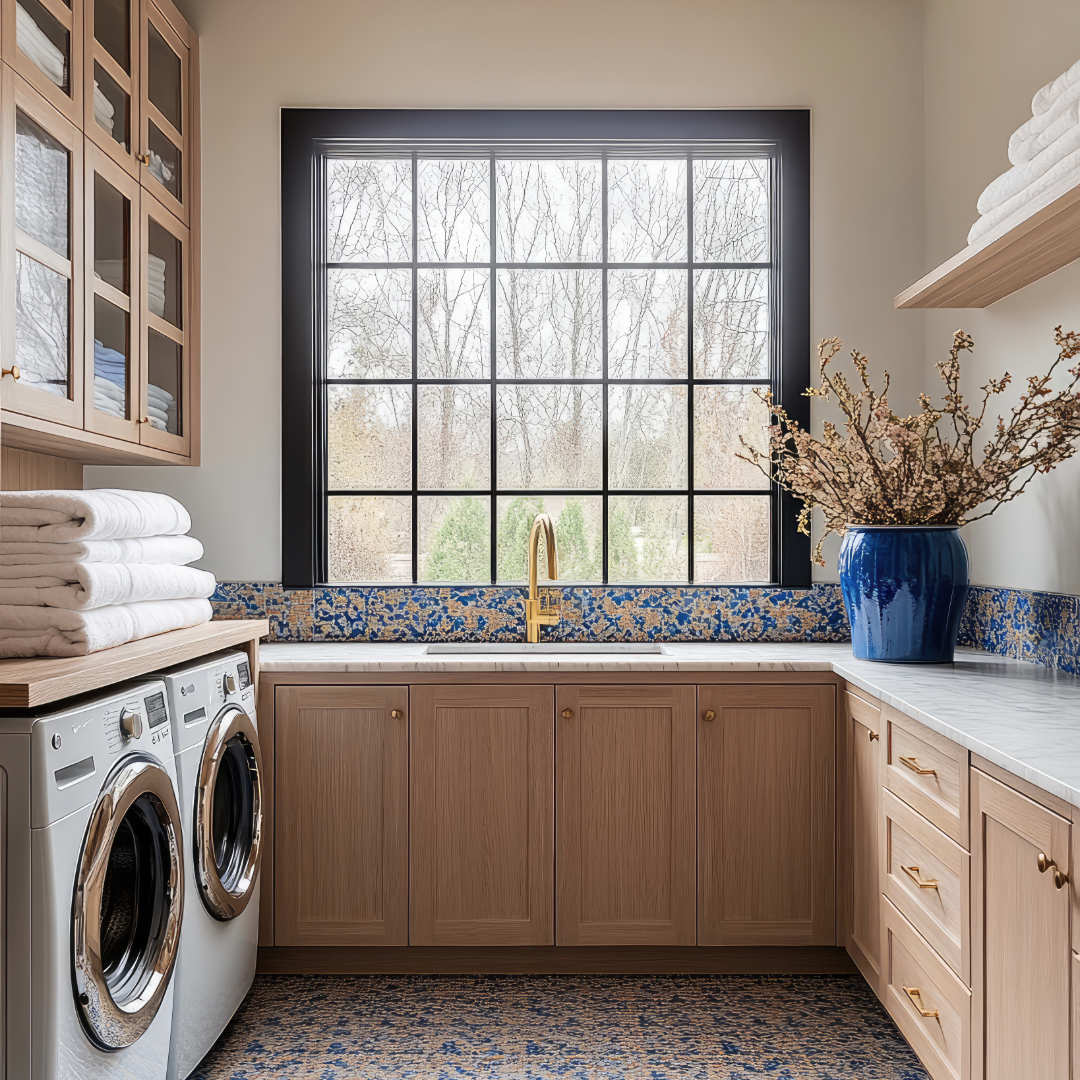Contemporary laundry room featuring natural wood cabinetry, patterned tile flooring, stone countertops, and large windows that blend modern design with warmth and functionality.