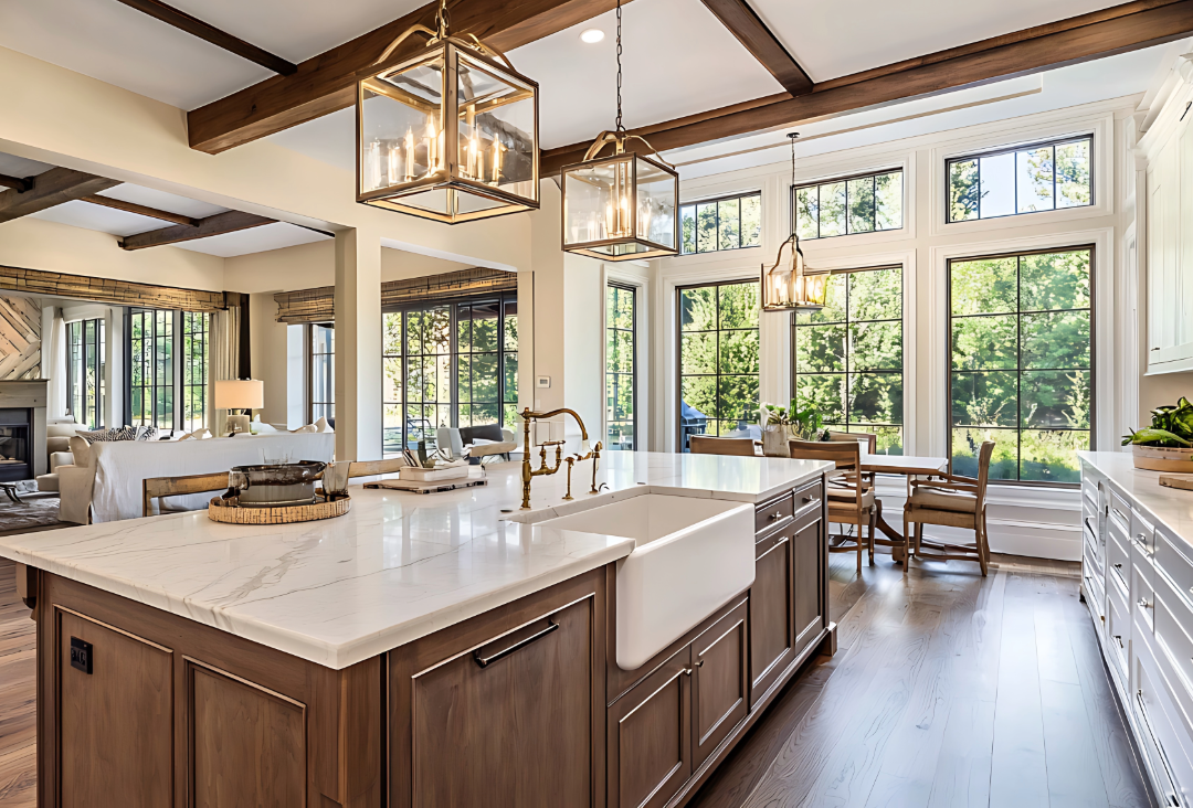 Bright open kitchen with wood island, brass fixtures, and mixed cabinetry finishes for cohesive whole home design.