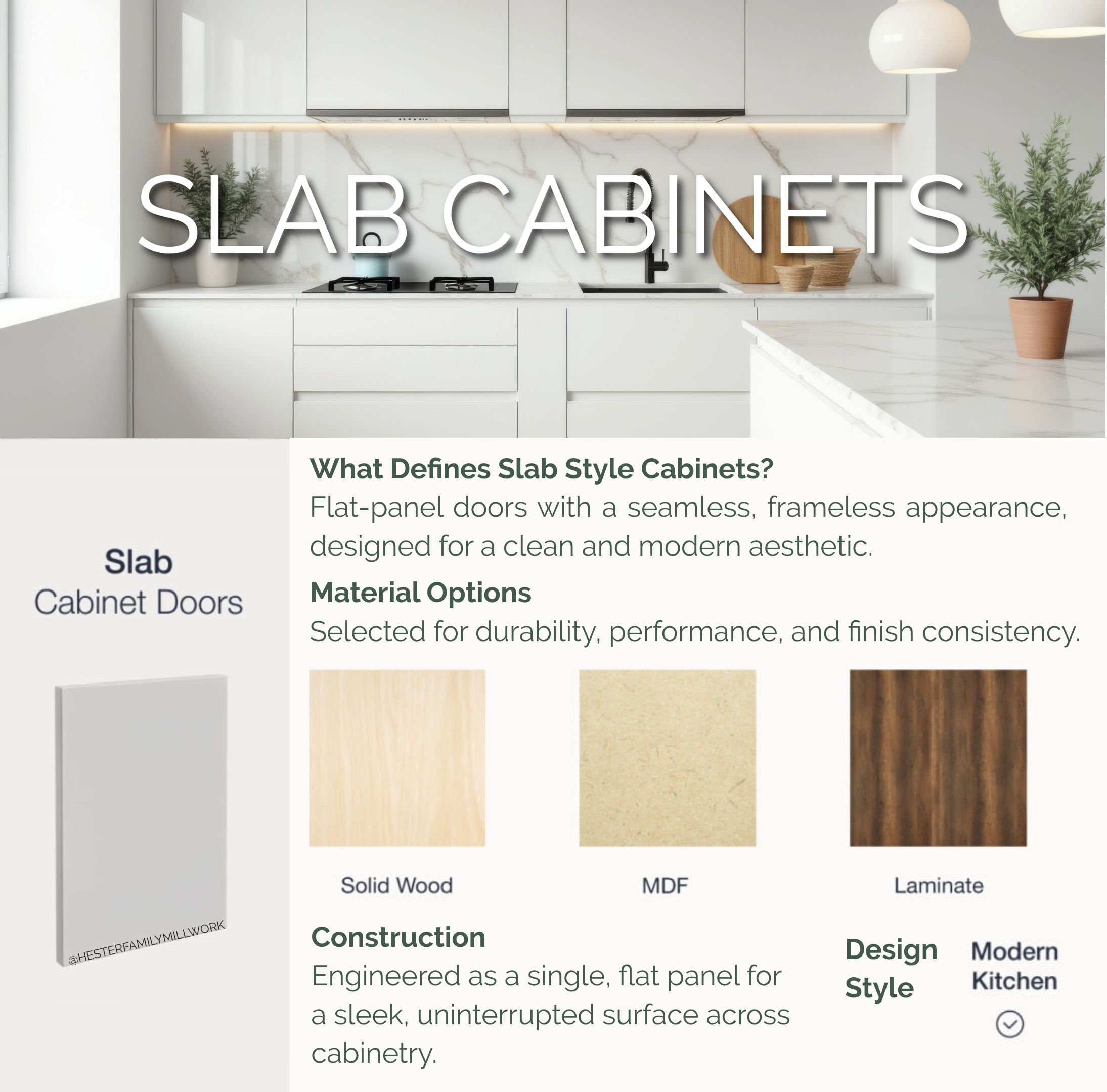 Slab cabinetry infographic showing flat-front cabinet doors and modern slab cabinet style
