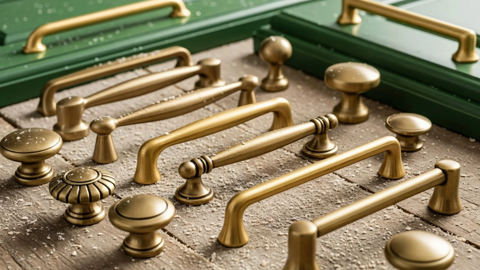 Brushed brass cabinet knobs and pulls displayed on a textured surface, showing hardware style options for kitchens and bathrooms.