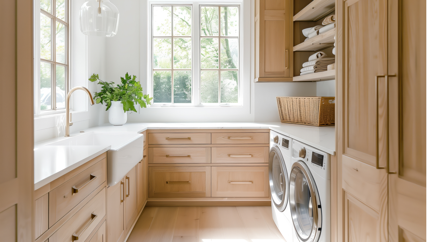 Light wood cabinet tones in a laundry room by Hester Family Millwork