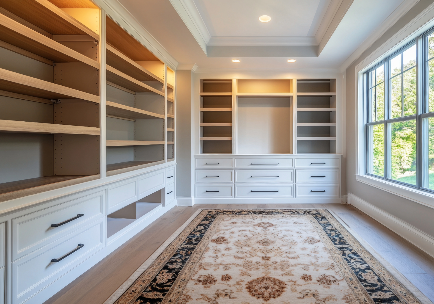 Custom built-in white cabinetry with open shelving, drawers, and modern black hardware, styled with a traditional area rug and large windows, crafted by Hester Family Millwork.