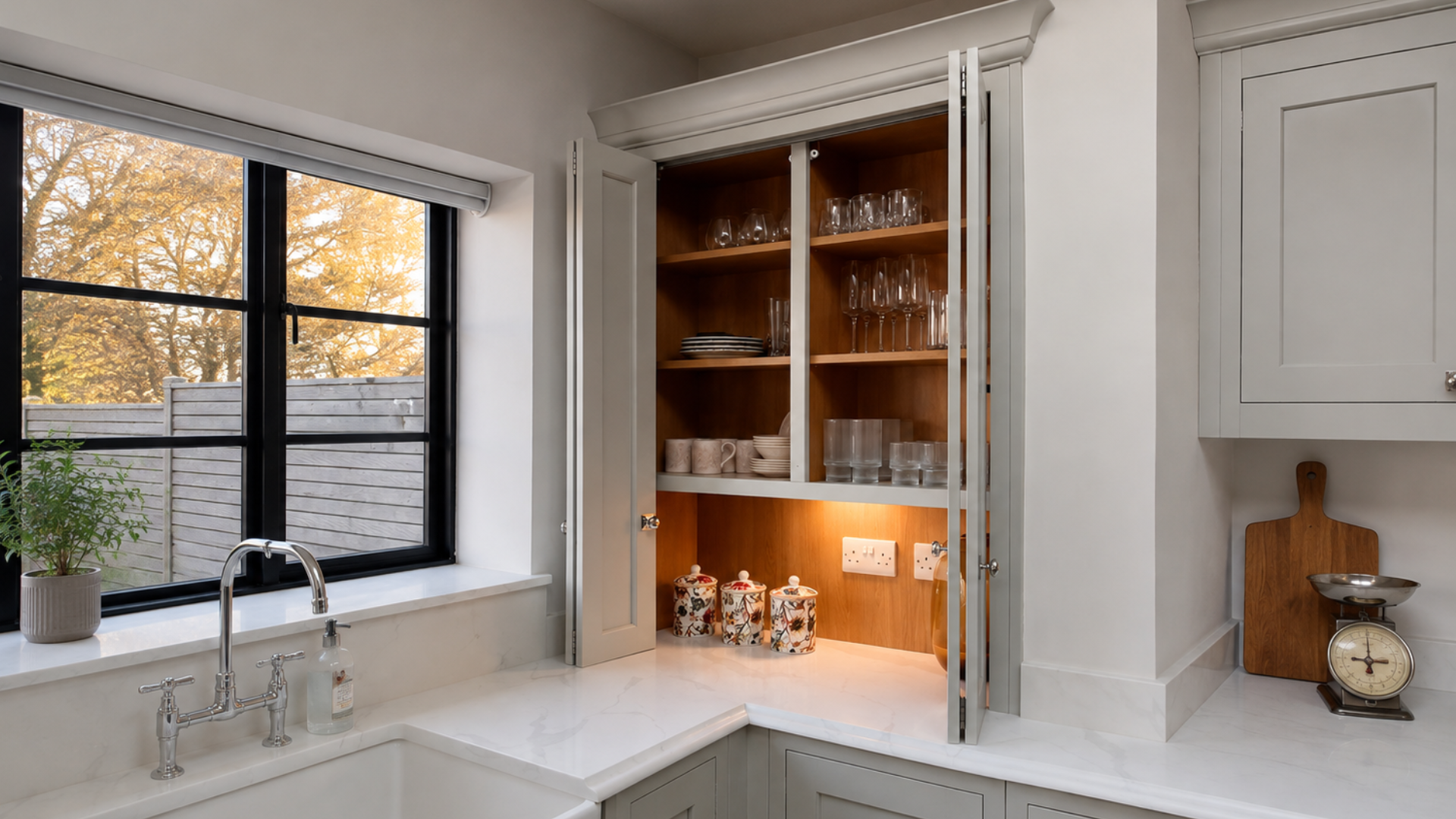 White and walnut kitchen cabinetry with a lift-up appliance garage concealing a mixer and toaster on the countertop.