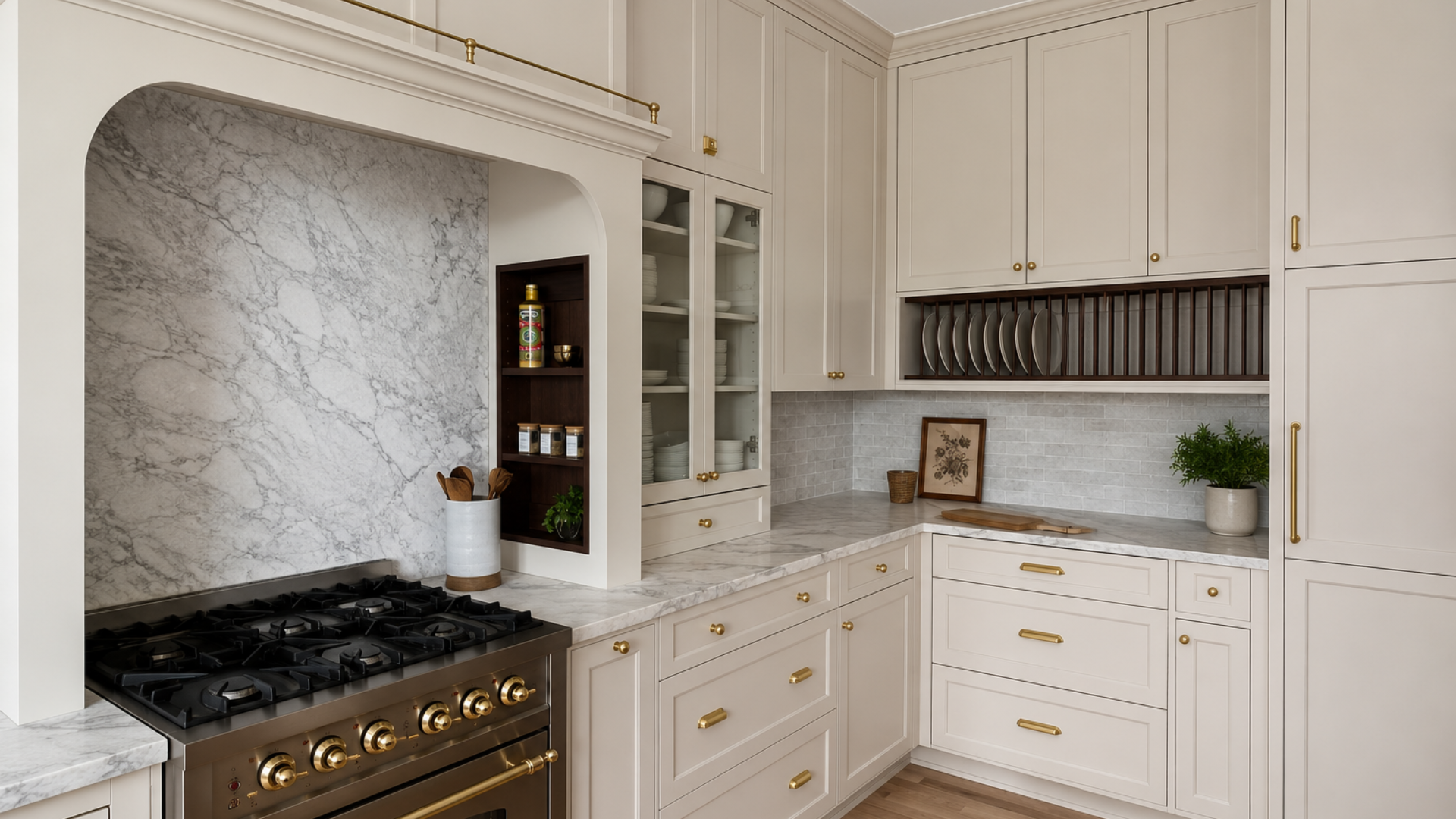 Kitchen corner designed with dark wood open shelving, brass rails, and tall white pantry cabinetry instead of a corner cabinet.