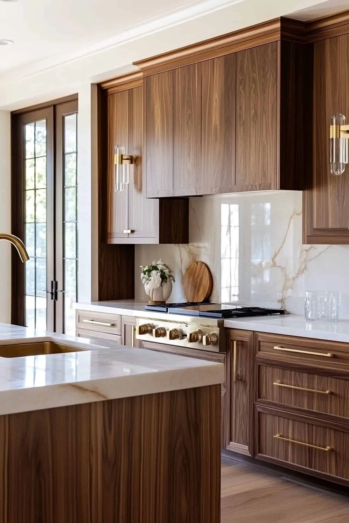 Modern kitchen featuring American walnut cabinetry with flat panel doors, integrated appliances, and brass hardware, highlighting warm wood tones and cabinetry-led design inspiration from HomeIdeasHub.com.