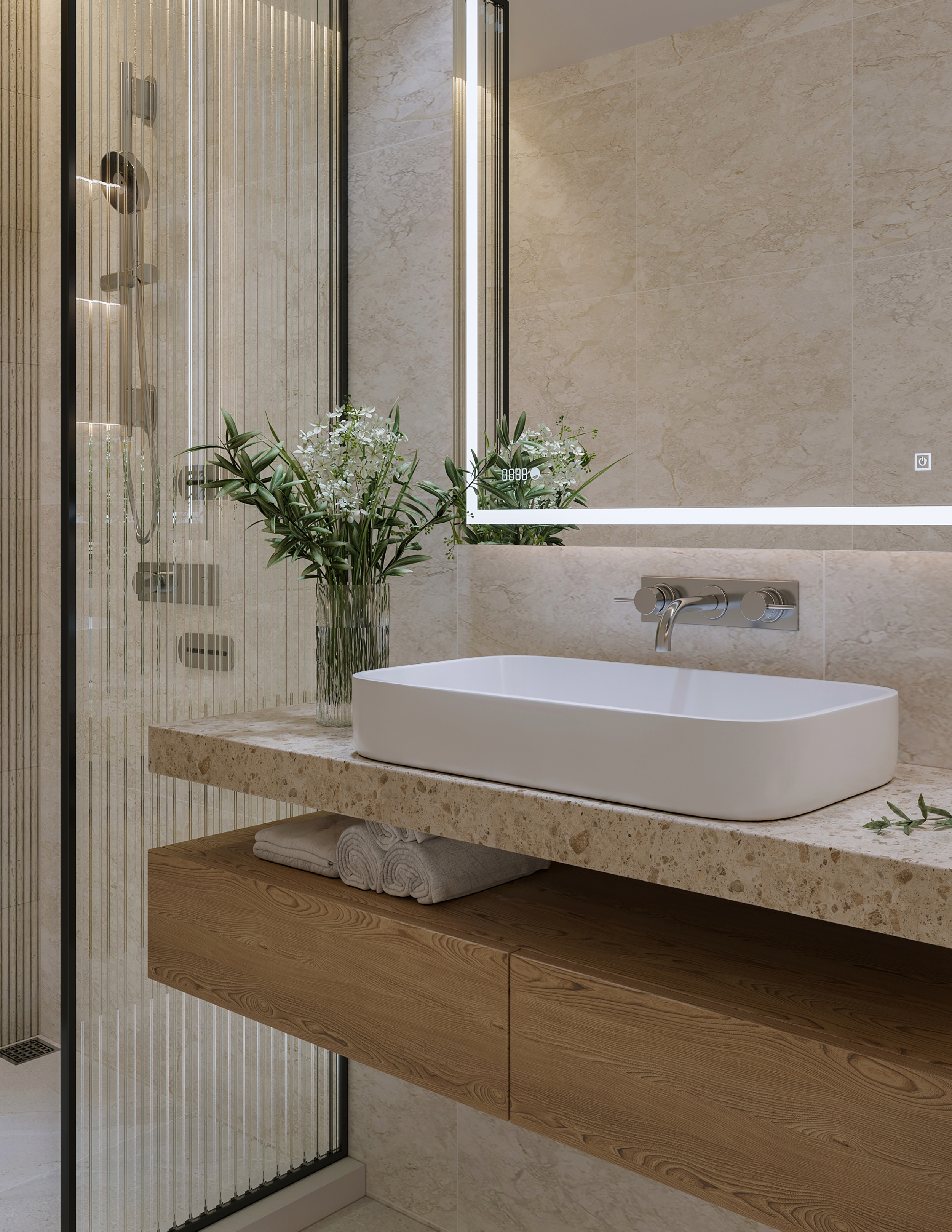 Floating bathroom vanity with natural wood cabinetry, stone countertop, vessel sink, and integrated open storage in a contemporary spa-style bath.