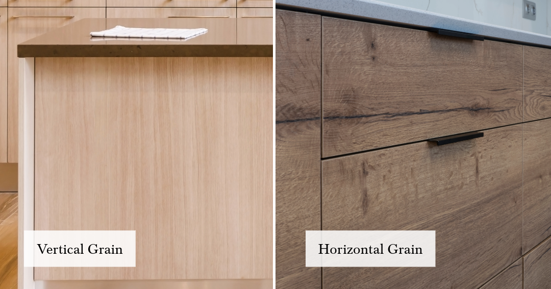 Comparison of vertical grain and horizontal grain wood cabinetry, showing how grain direction impacts the overall look and style of kitchen cabinets.