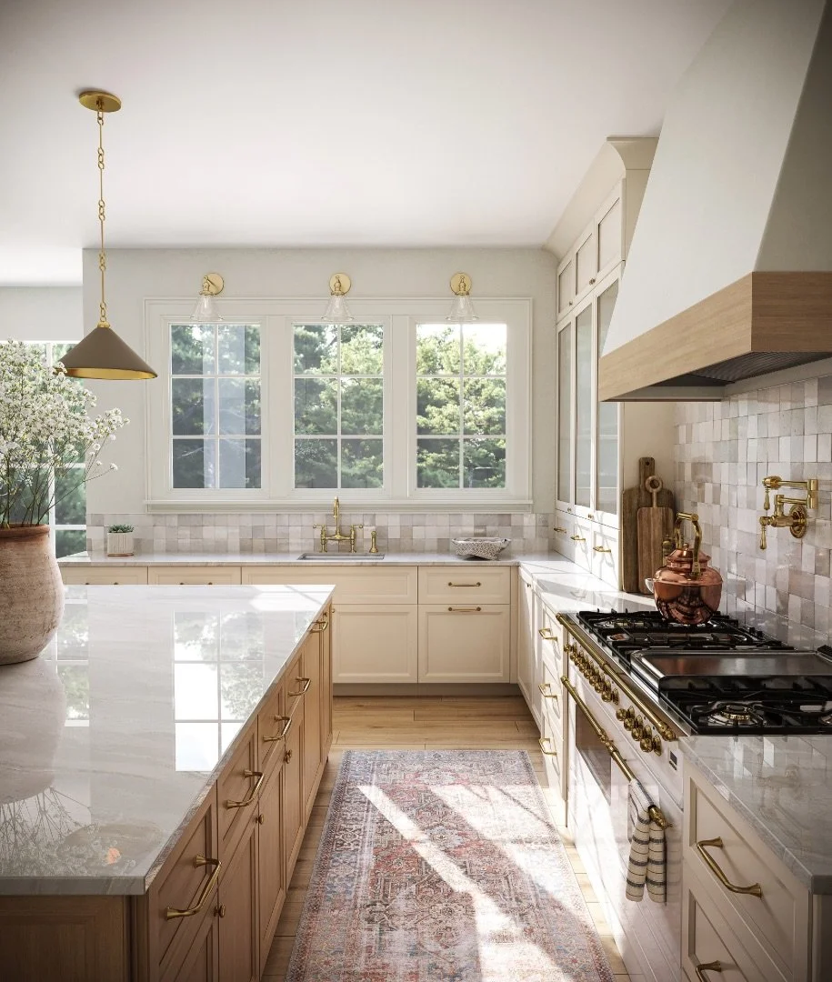 White oak kitchen cabinets paired with a marble island, brass hardware, and abundant natural light, highlighting the enduring appeal of natural wood cabinetry.