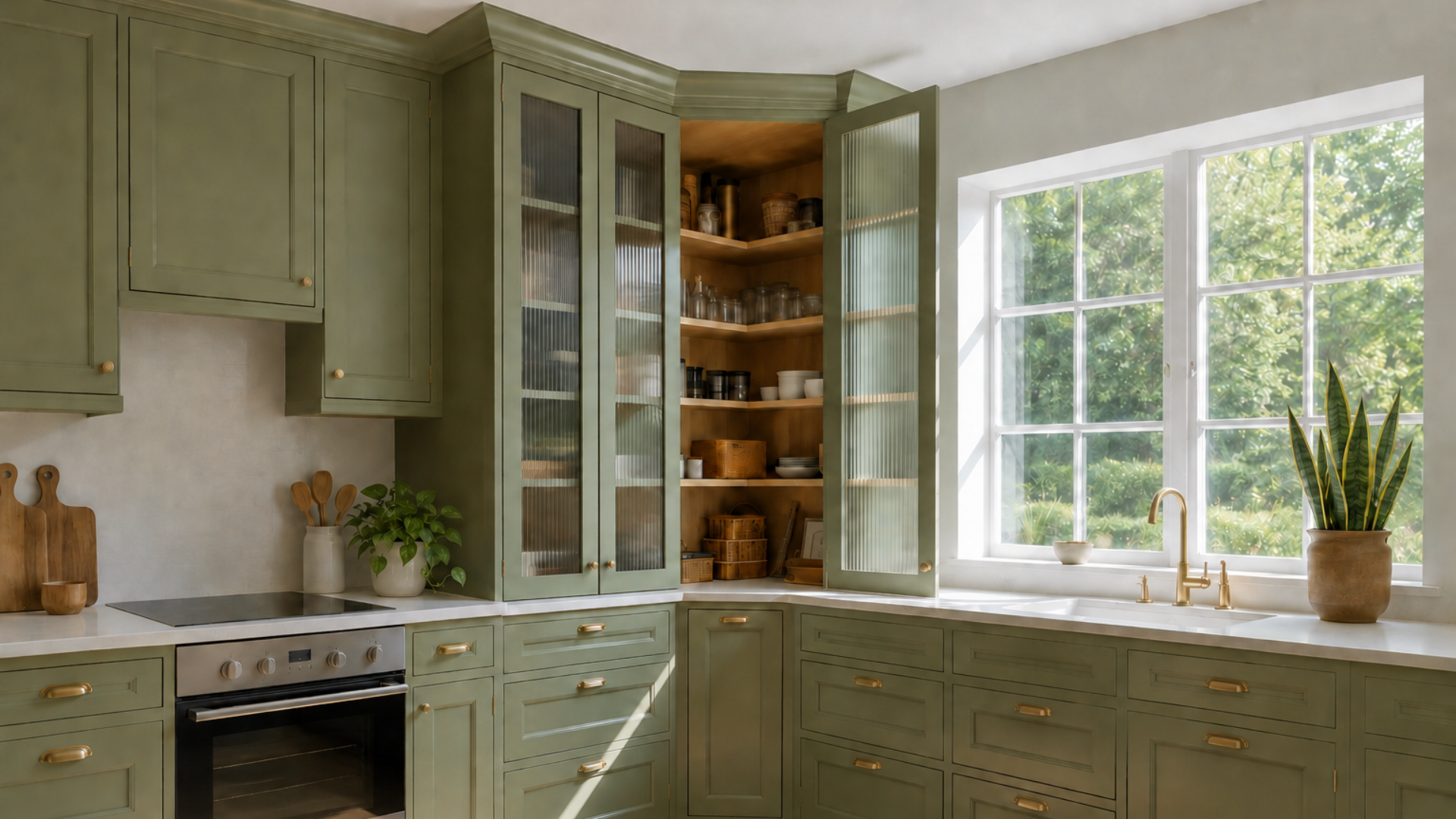 Sage green custom kitchen cabinetry with brass hardware, reeded-glass doors, open corner storage shelves, pothos, and a snake plant by the window.
