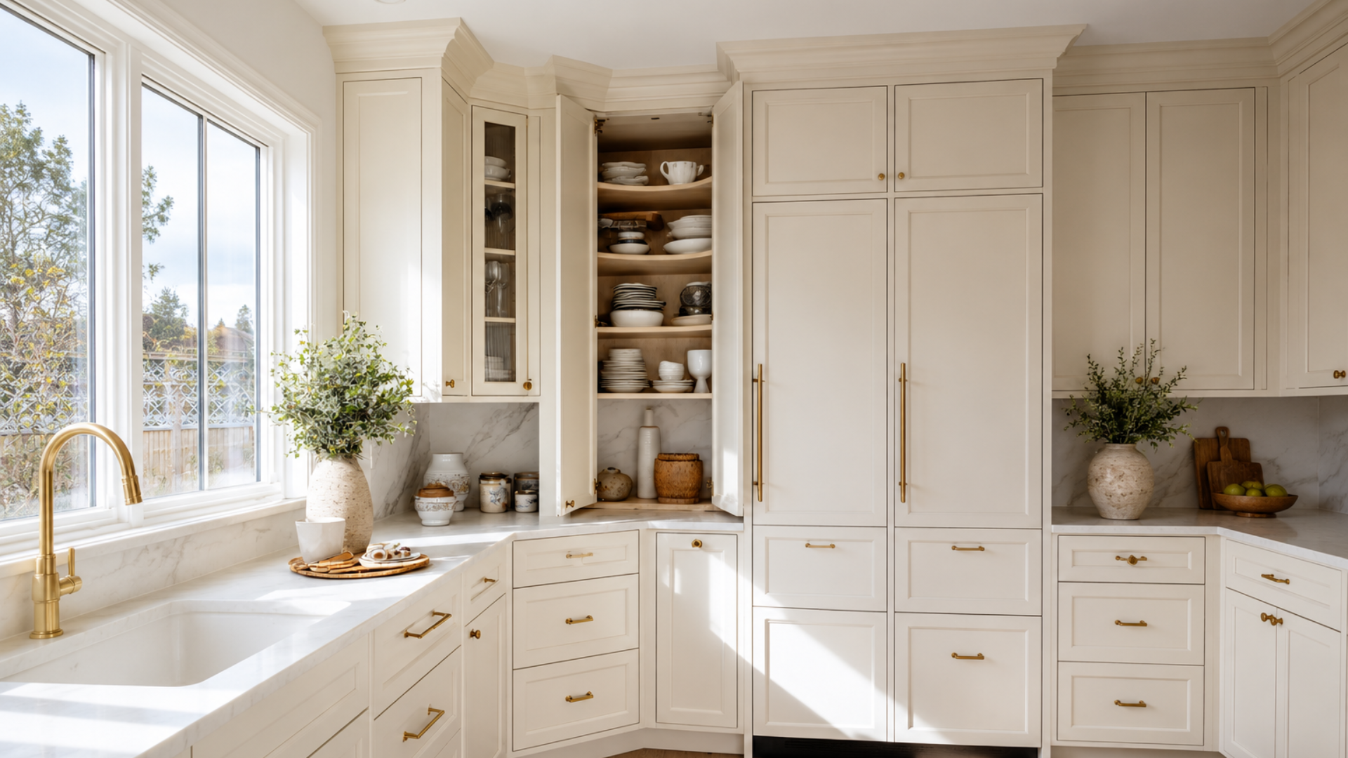 Custom white kitchen cabinetry with an arched range surround, built-in spice niche, glass cabinet, and open plate rack.